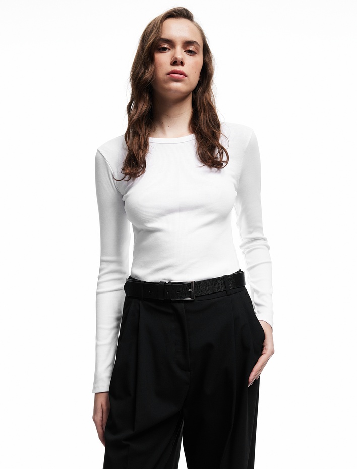  Pamuklu Slim Fit Kaşkorse Uzun Kollu Bisiklet Yaka Tişört