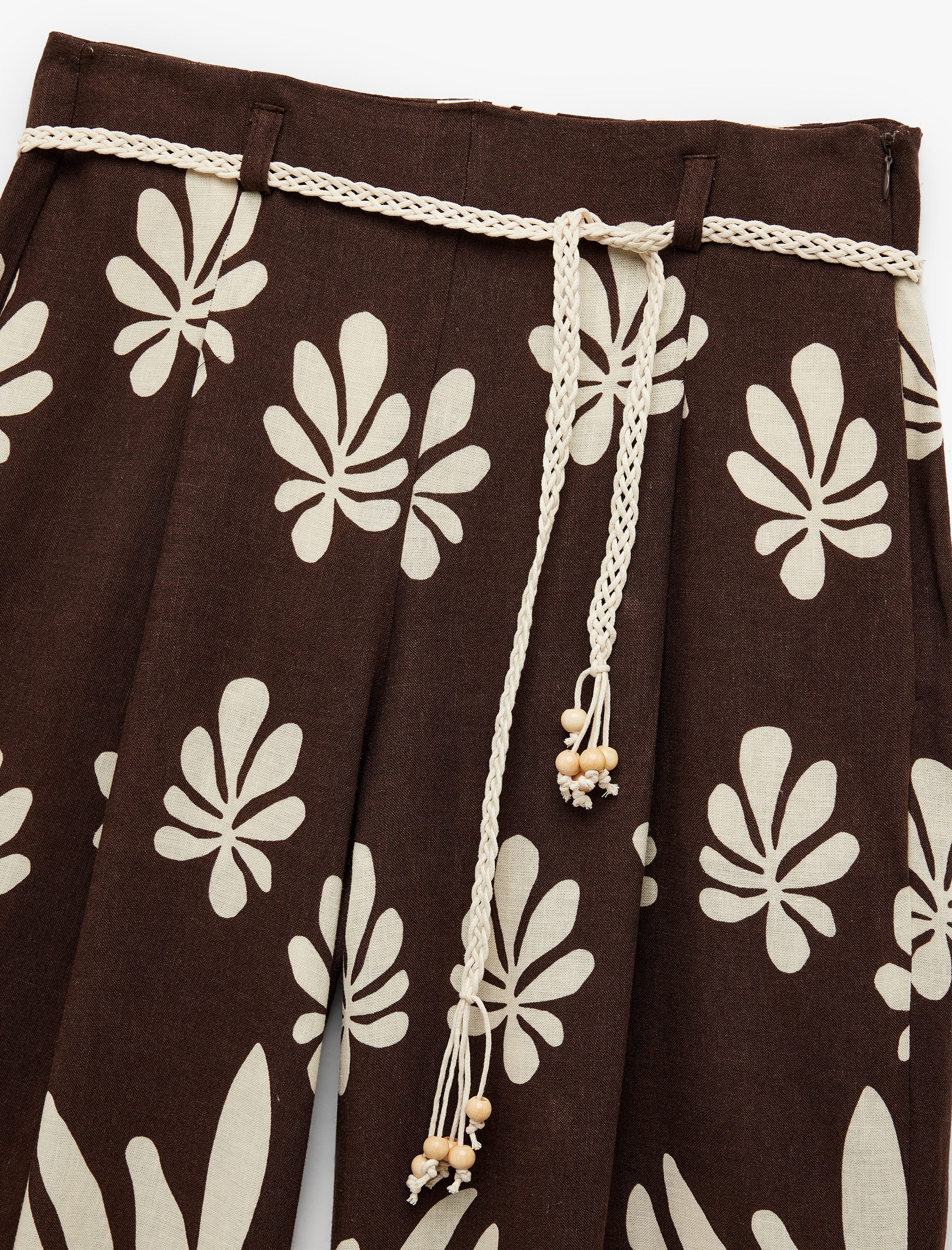   Keten Karışımlı Kemer Detaylı Cepli Geniş Paça Çiçekli Palazzo Pantolon