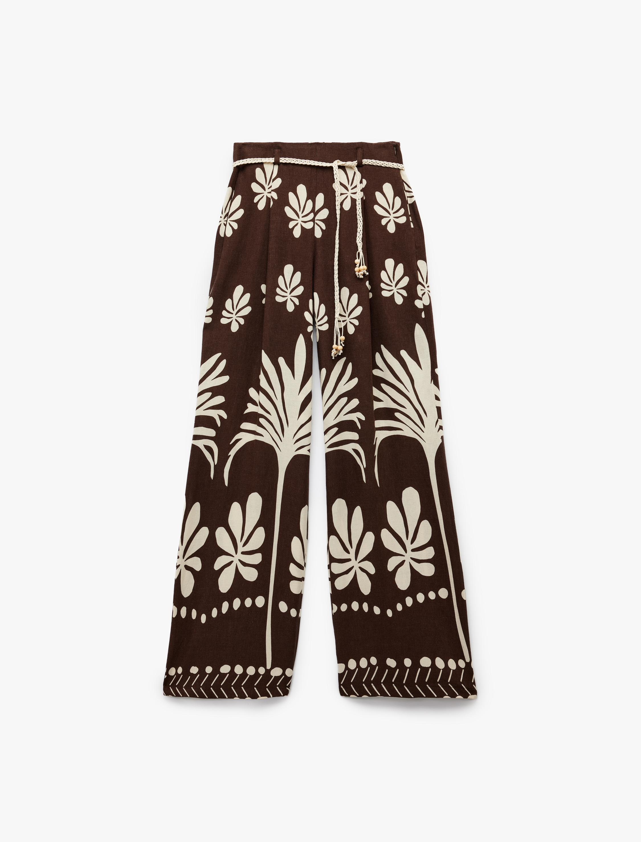   Keten Karışımlı Kemer Detaylı Cepli Geniş Paça Çiçekli Palazzo Pantolon