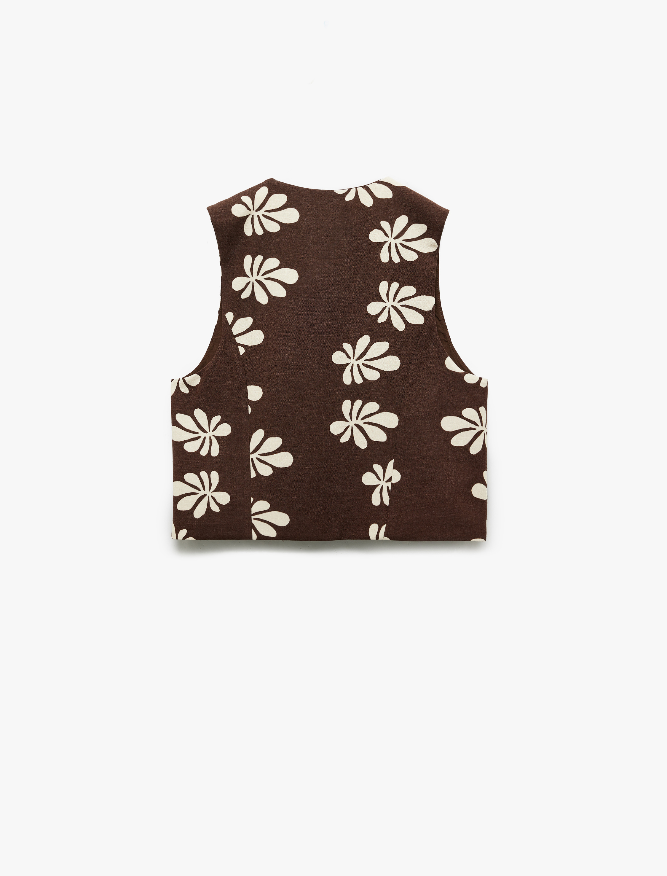   Astarlı Keten Karışımlı Bağlama Detaylı Fiyonklu V Yaka Çiçekli Crop Yelek