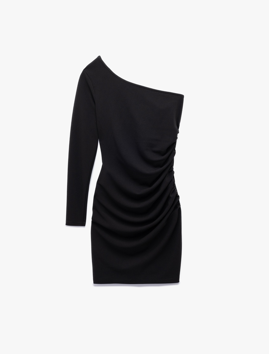   Krep Scuba Kumaş Drape Detaylı Uzun Kollu Tek Omuz Mini Elbise