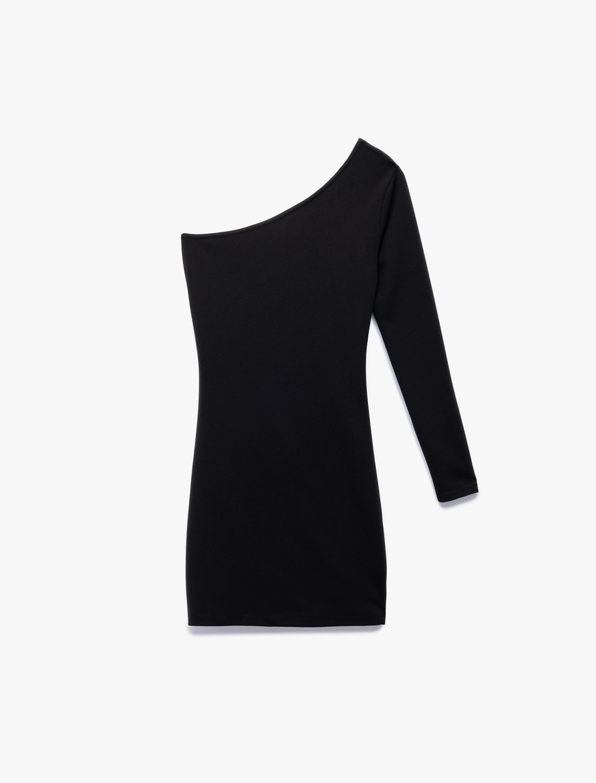   Krep Scuba Kumaş Drape Detaylı Uzun Kollu Tek Omuz Mini Elbise