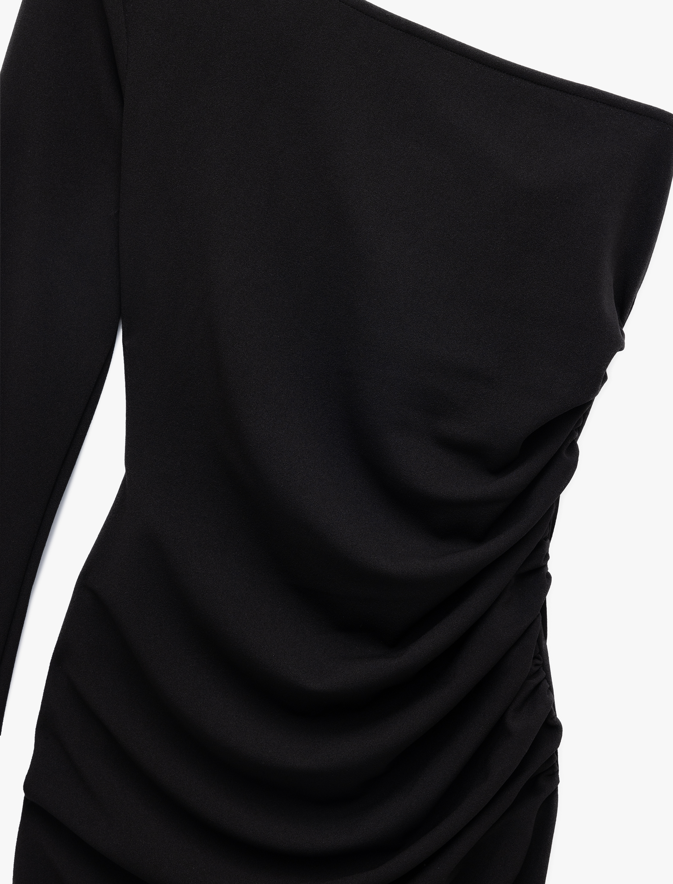   Krep Scuba Kumaş Drape Detaylı Uzun Kollu Tek Omuz Mini Elbise