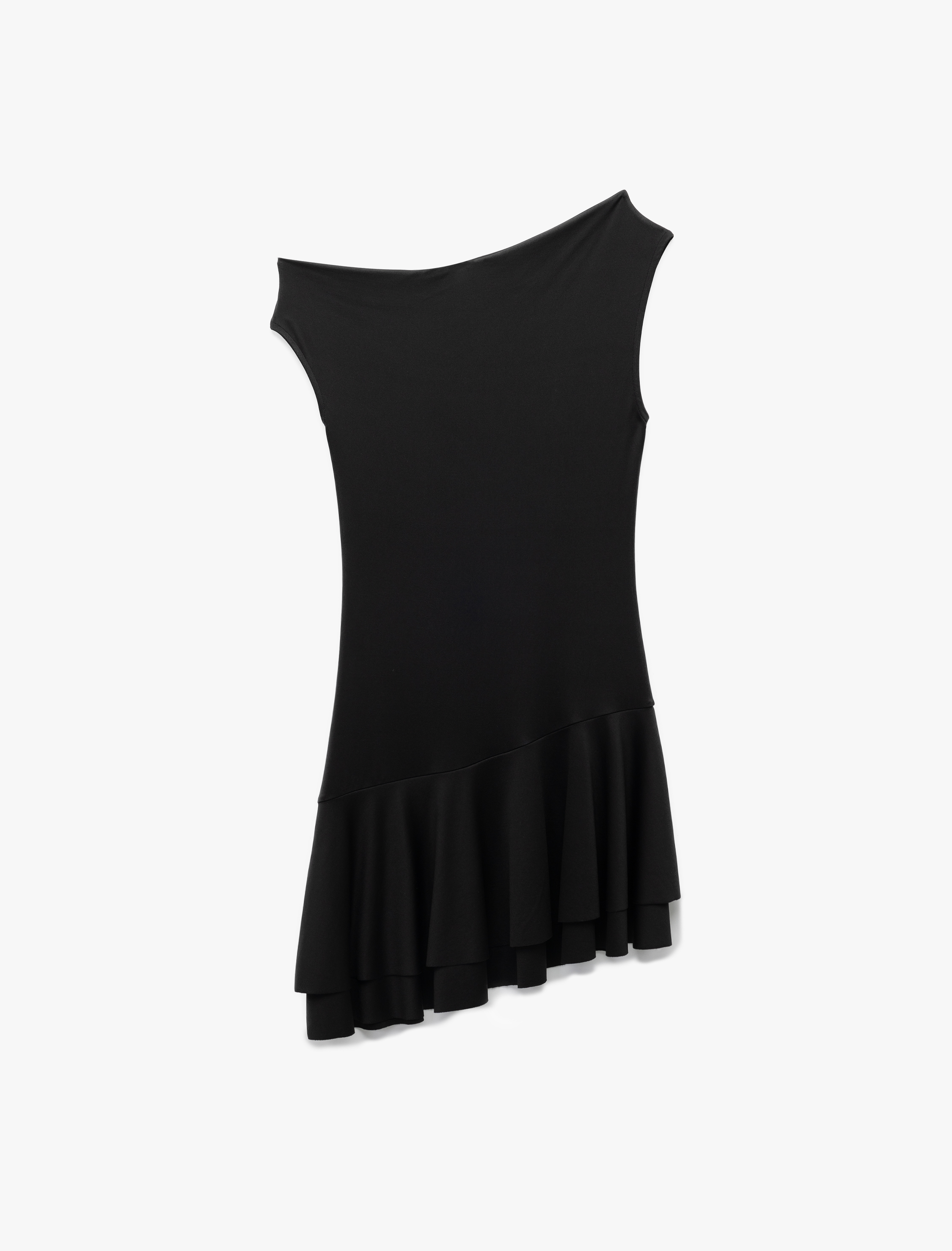   Slim Fit Asimetrik Açık Omuz Fırfırlı Mini Elbise