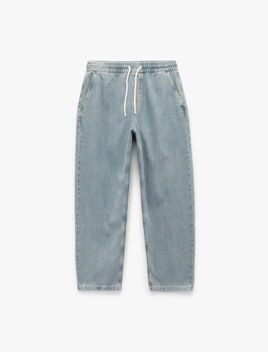   Beli Bağcıklı Cep Detaylı Pamuklu Rahat Kesim Jogger Denim Pantolon