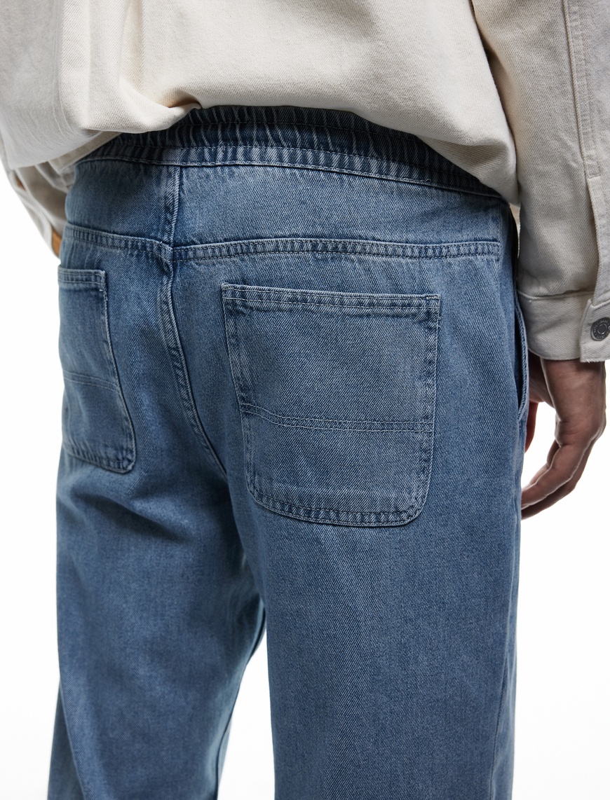   Beli Bağcıklı Cep Detaylı Pamuklu Rahat Kesim Jogger Denim Pantolon