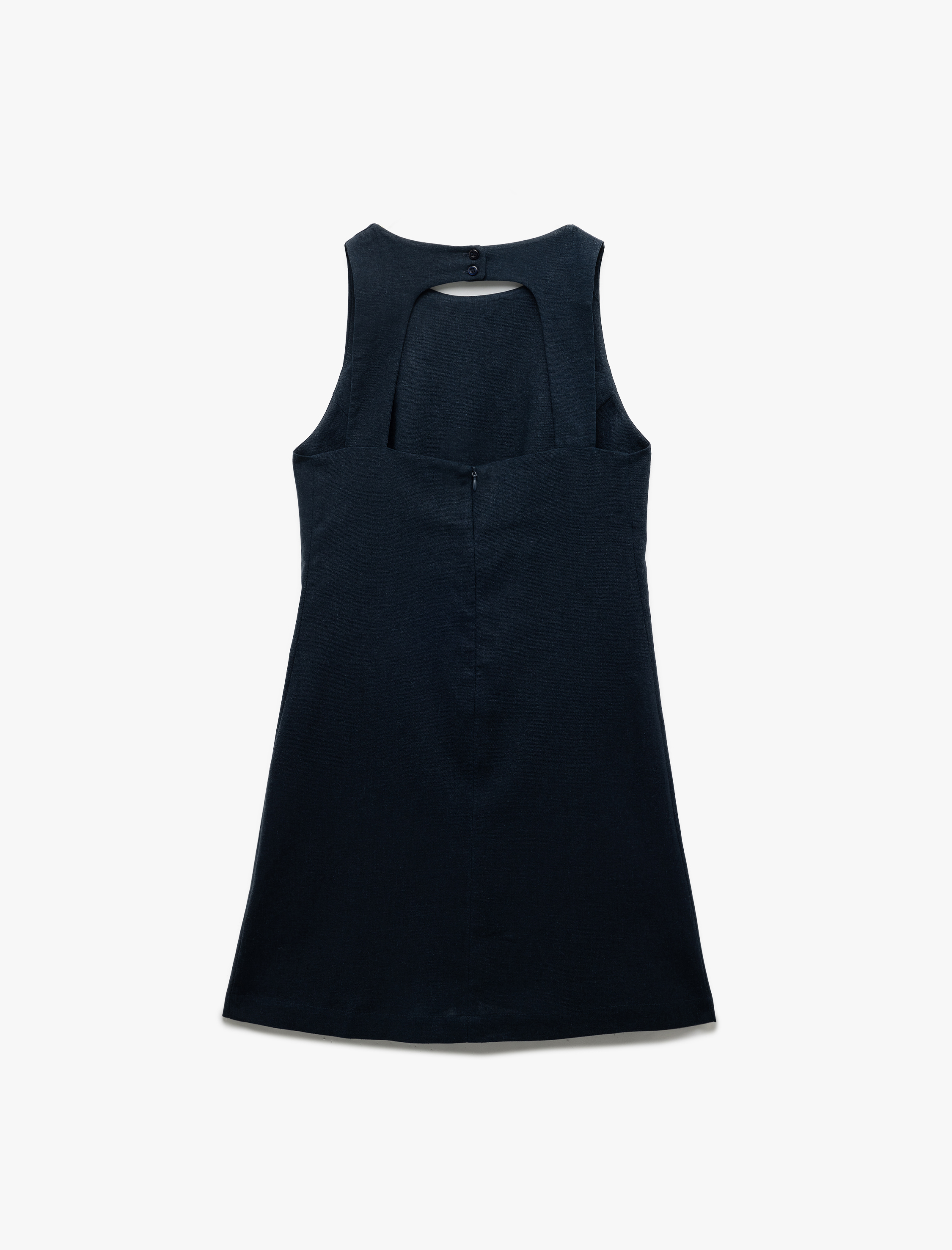   Bisiklet Yaka Arkası Pencere Detaylı A Kesim Kolsuz Mini Keten Elbise