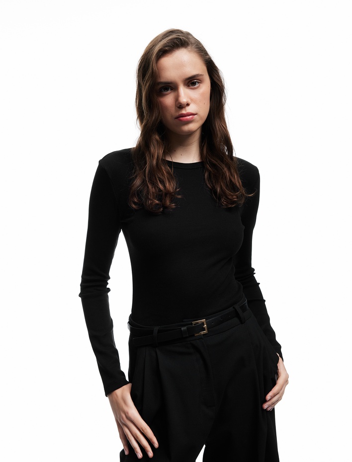  Pamuklu Slim Fit Kaşkorse Uzun Kollu Bisiklet Yaka Tişört