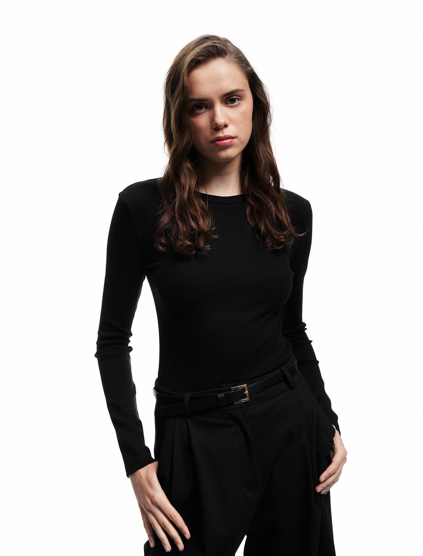   Pamuklu Slim Fit Kaşkorse Uzun Kollu Bisiklet Yaka Tişört