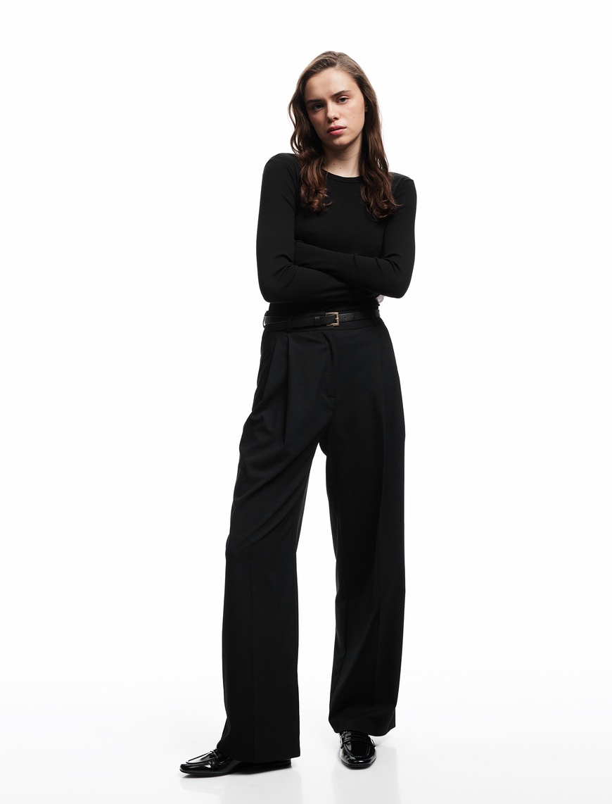   Pamuklu Slim Fit Kaşkorse Uzun Kollu Bisiklet Yaka Tişört