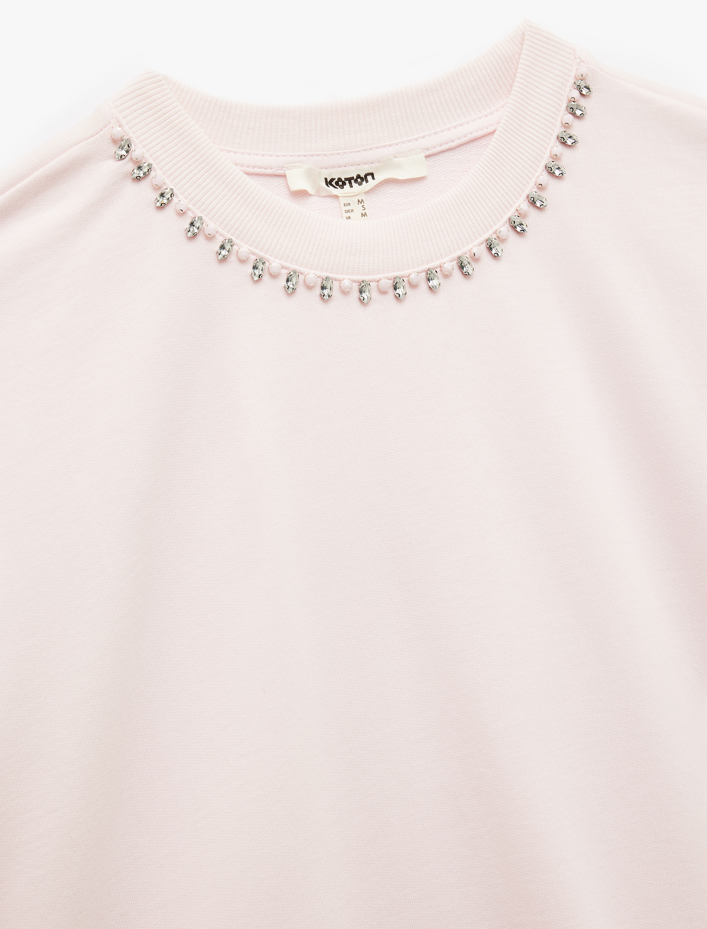   Üç İplik Pamuklu Kısa Kollu Bisiklet Yaka Boncuk Detaylı Taşlı Tişört