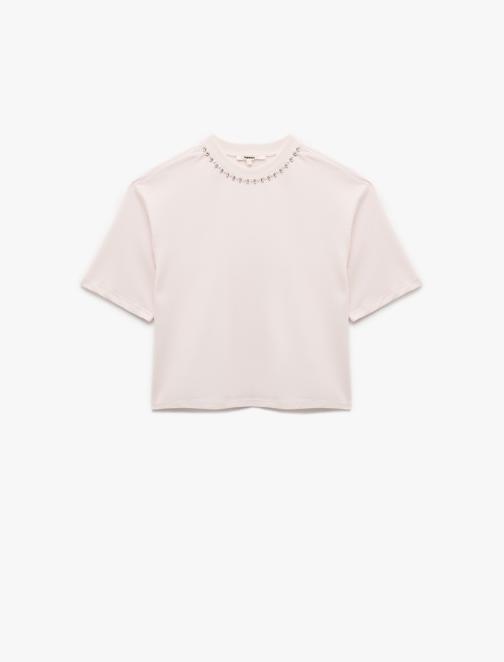  Üç İplik Pamuklu Kısa Kollu Bisiklet Yaka Boncuk Detaylı Taşlı Tişört