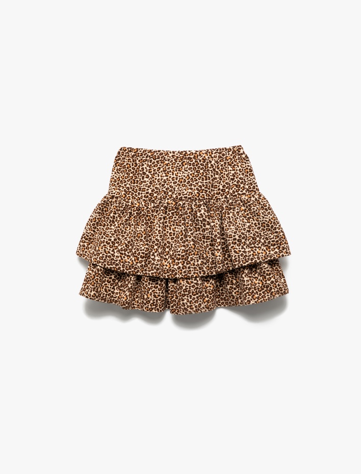 Kız Çocuk Beli Lastikli Katlı Leopar Desenli Şardonlu Etek