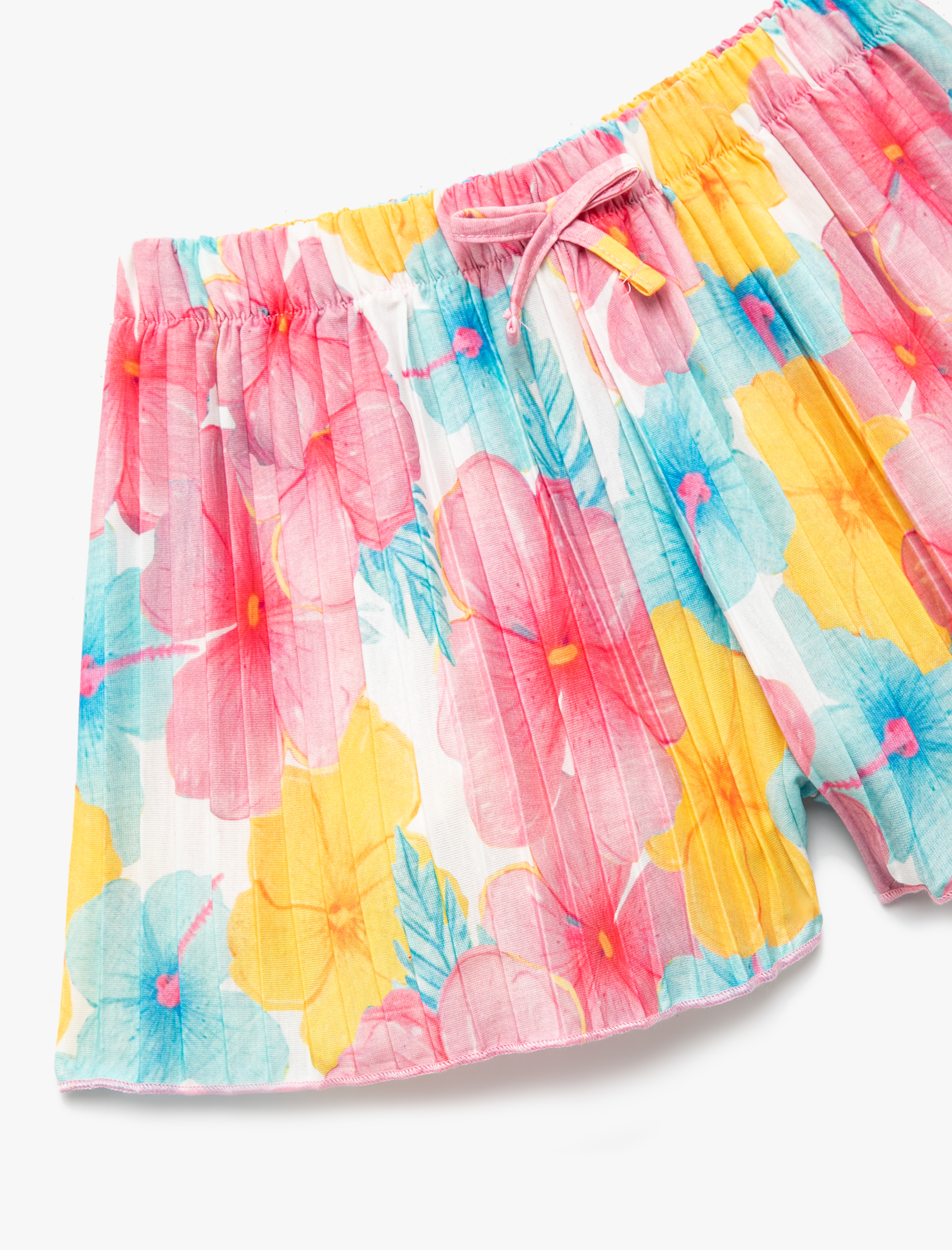  Kız Çocuk Beli Bağcıklı Fiyonk Detaylı Pileli Çiçekli Şort