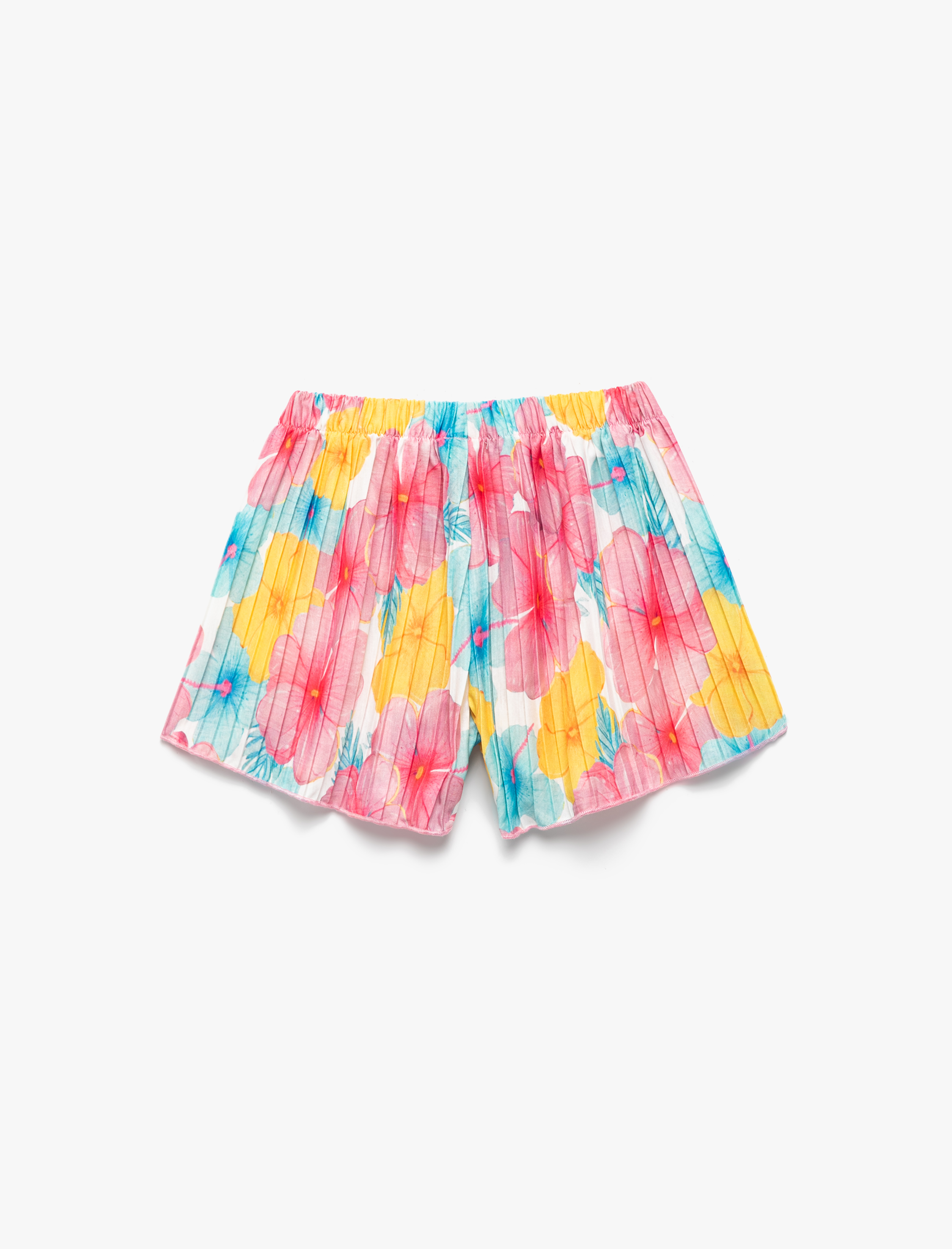  Kız Çocuk Beli Bağcıklı Fiyonk Detaylı Pileli Çiçekli Şort