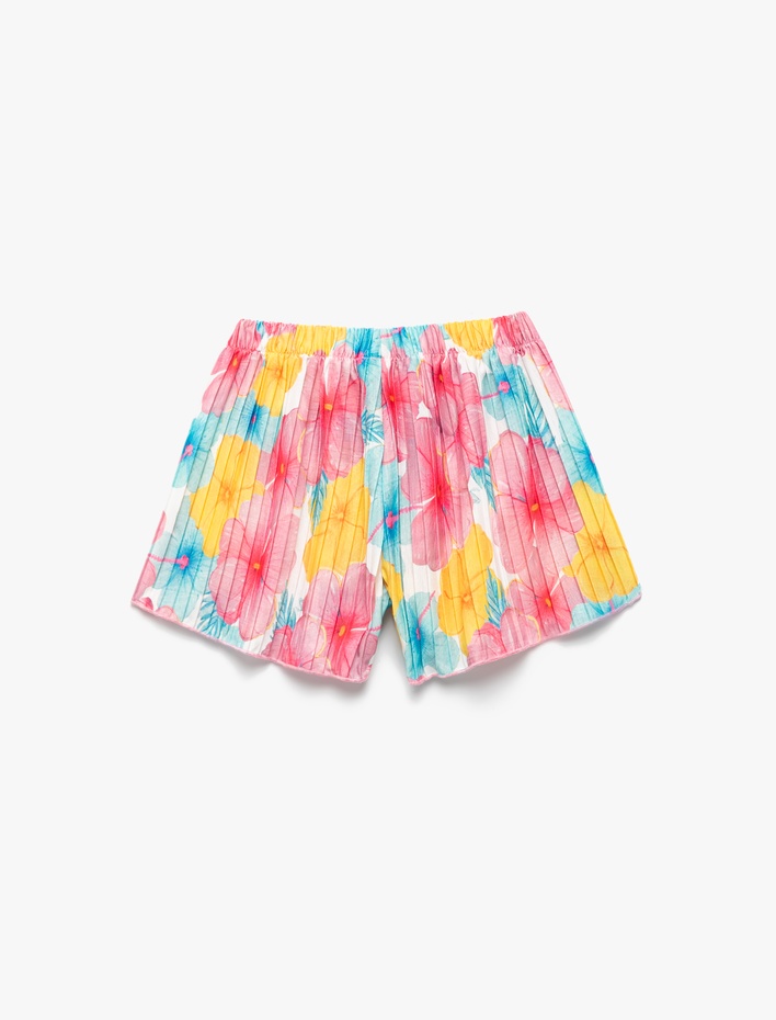 Kız Çocuk Beli Bağcıklı Fiyonk Detaylı Pileli Çiçekli Şort