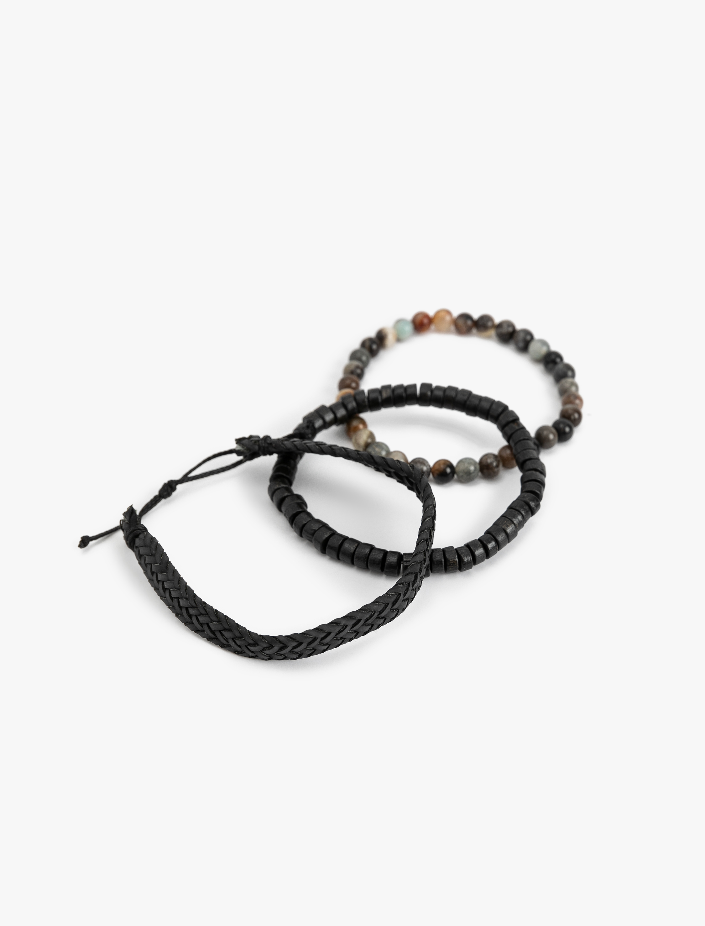  Erkek Ahşap Boncuklu Örgü Çok Renkli 3'lü Bileklik Seti