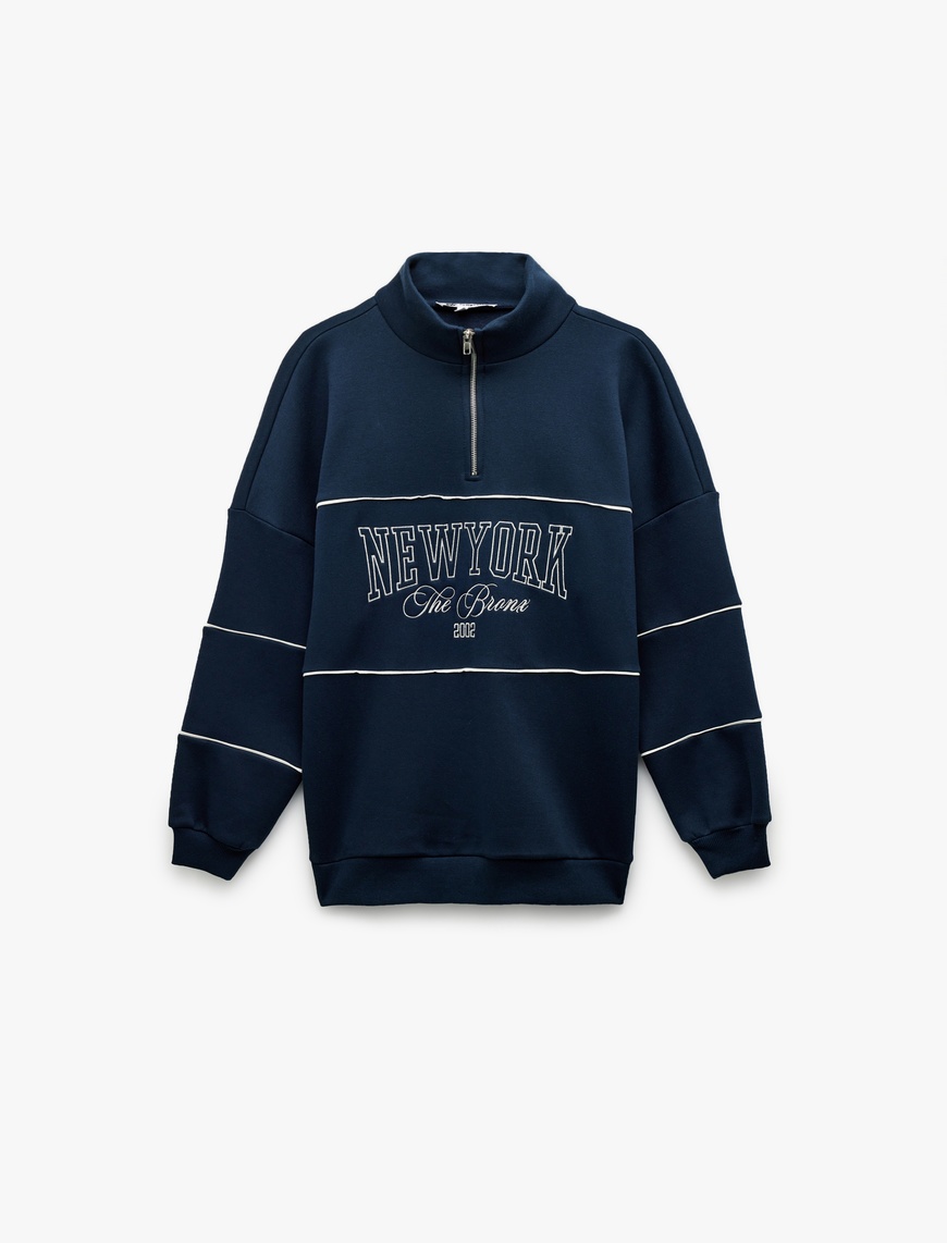   Oversize Uzun Kollu Fermuarlı Yaka Şardonlu Sweatshirt