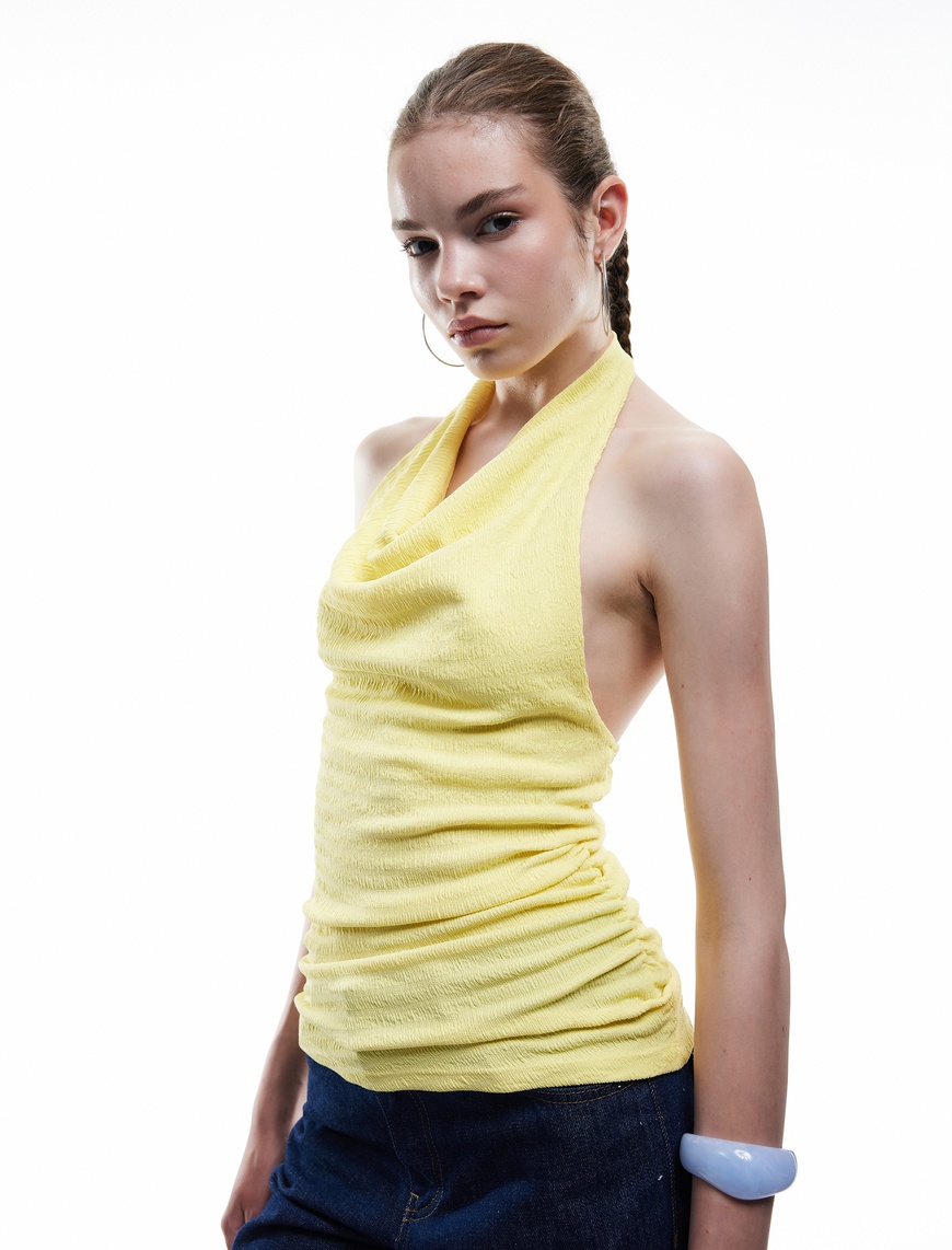   Degaje Yaka Asimetrik Slim Fit Drapeli Kolsuz Bluz