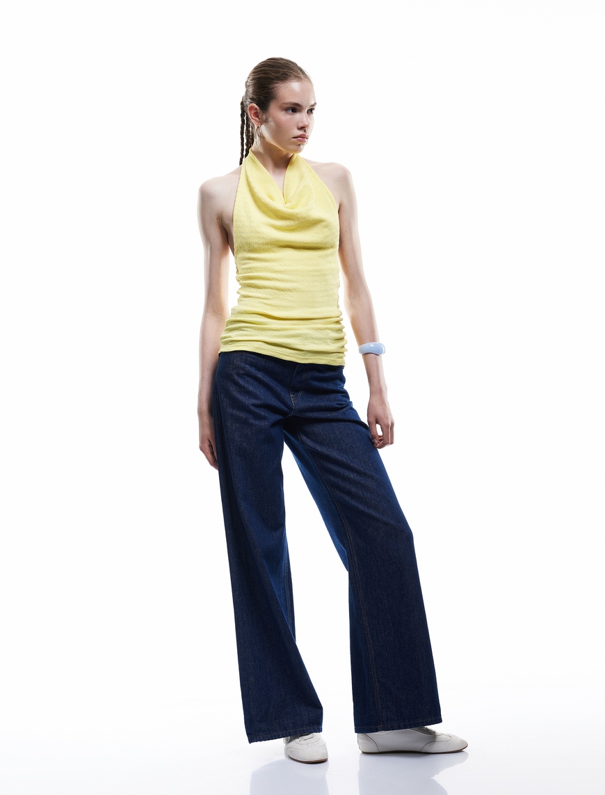   Degaje Yaka Asimetrik Slim Fit Drapeli Kolsuz Bluz