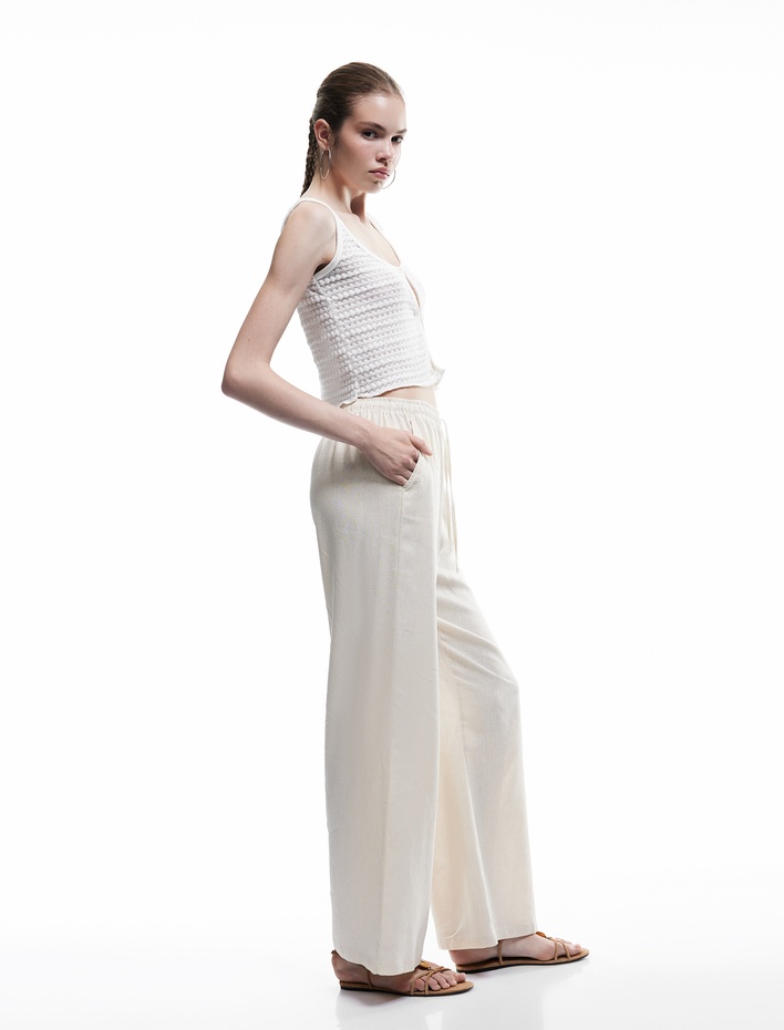  Beli Bağcıklı Geniş Paça Keten Karışımlı Pantolon