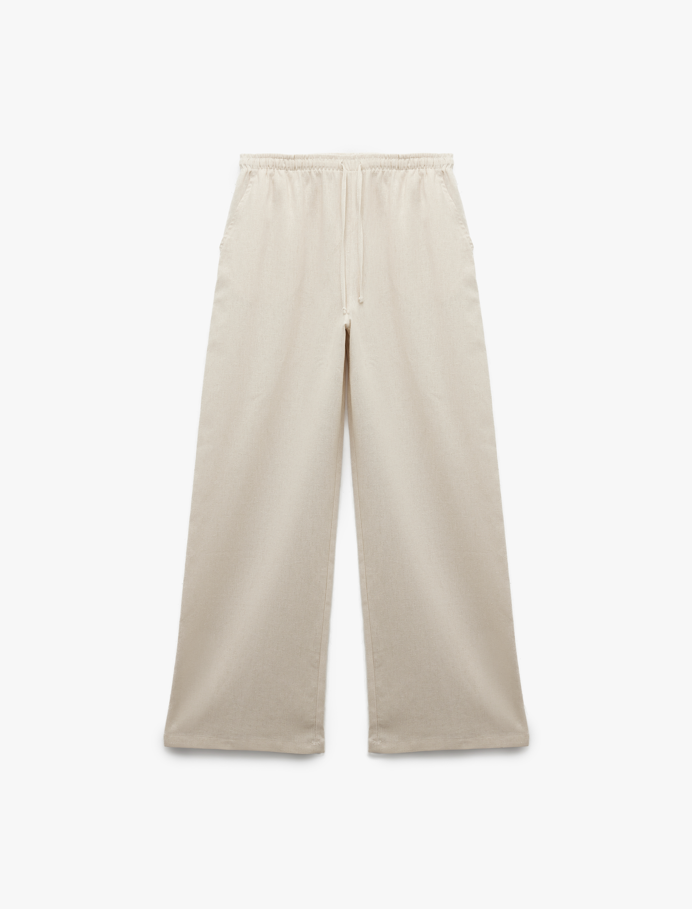   Beli Bağcıklı Geniş Paça Keten Karışımlı Pantolon