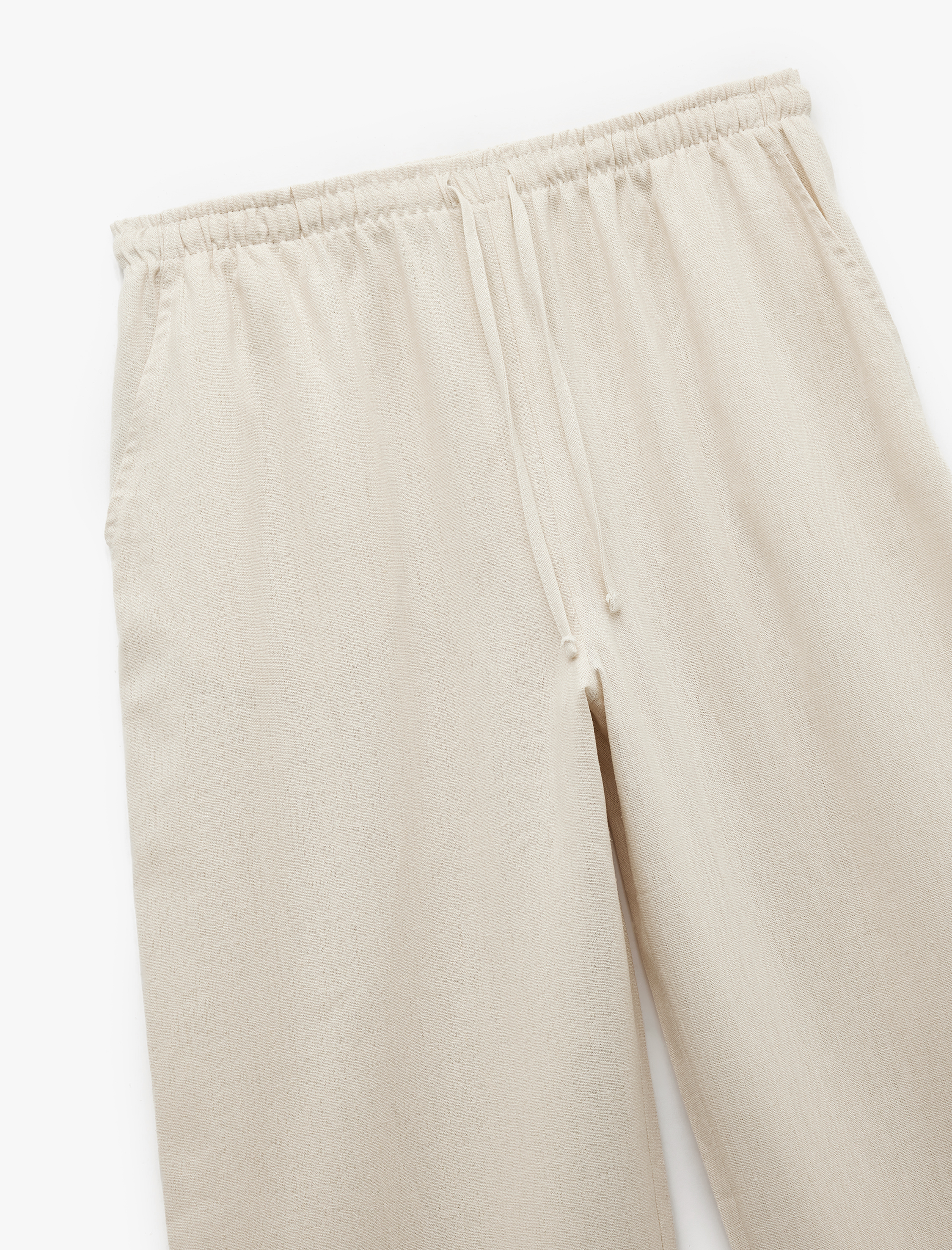  Beli Bağcıklı Geniş Paça Keten Karışımlı Pantolon