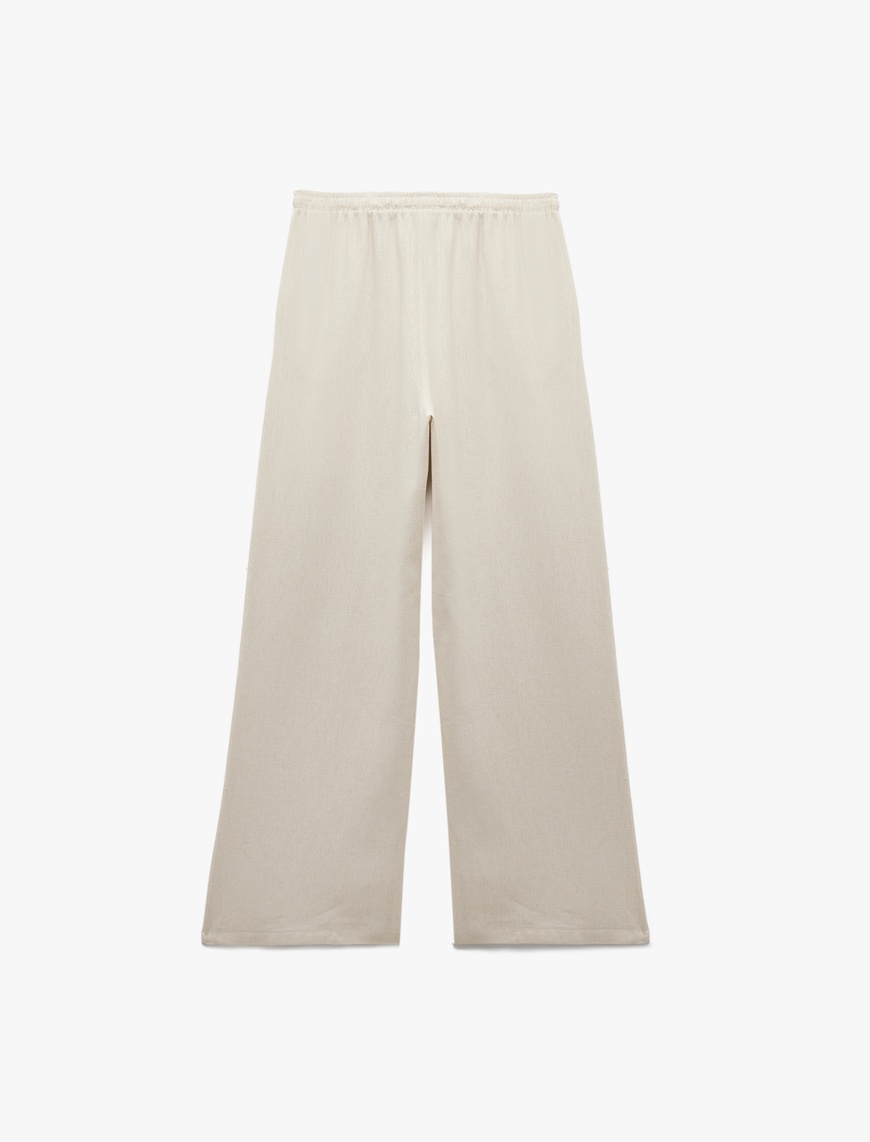   Beli Bağcıklı Geniş Paça Keten Karışımlı Pantolon