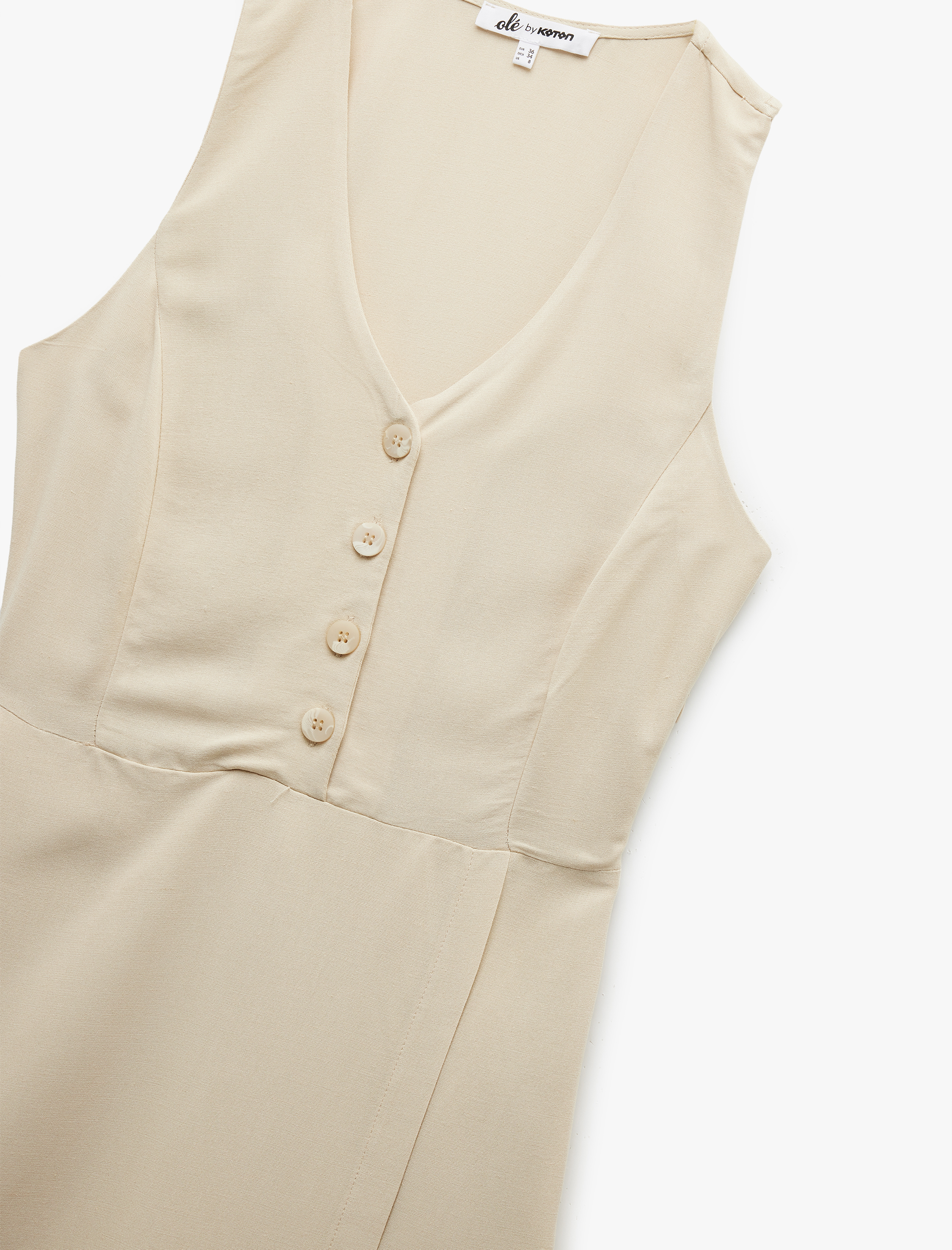   V Yaka Kolsuz Düğmeli Keten Karışımlı Mini Tulum