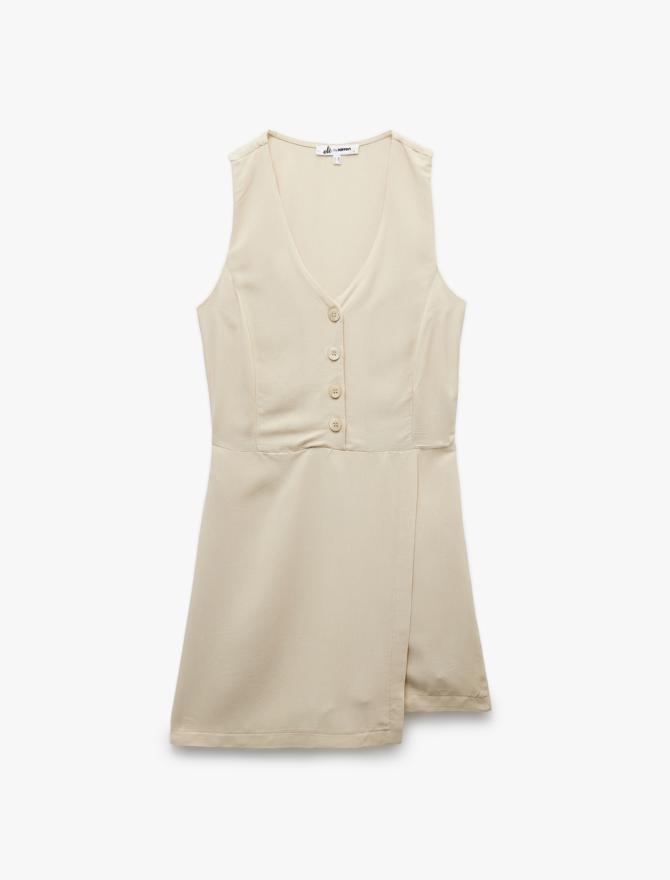   V Yaka Kolsuz Düğmeli Keten Karışımlı Mini Tulum