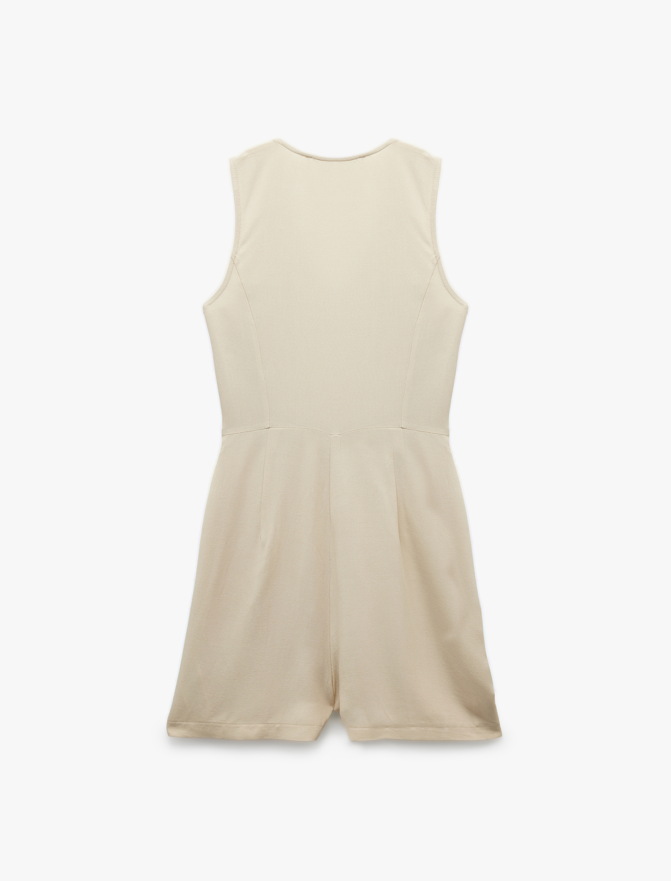   V Yaka Kolsuz Düğmeli Keten Karışımlı Mini Tulum