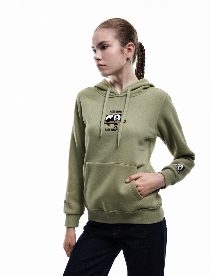  Panda Baskılı Şardonlu Kanguru Cepli Kapüşonlu Sweatshirt