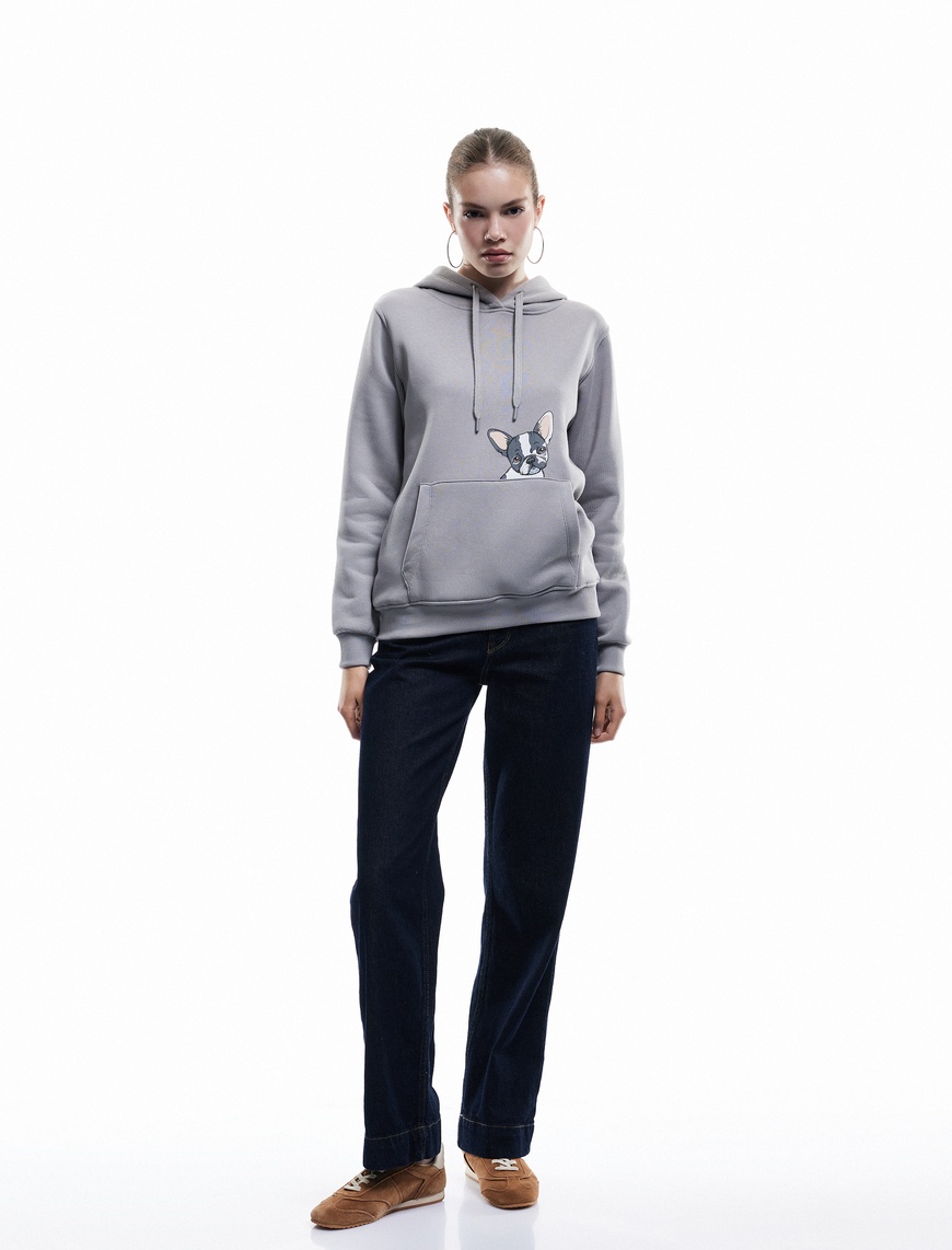   Köpek Baskılı Şardonlu Kanguru Cepli Kapüşonlu Sweatshirt