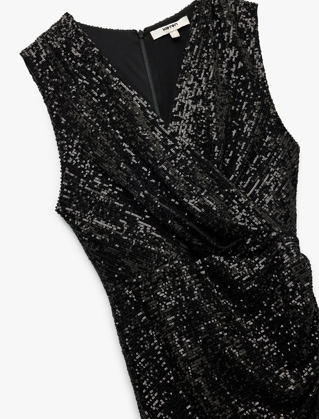 Kruvaze Yaka Kolsuz Pullu Payetli Bodycon Mini Abiye Elbise_4