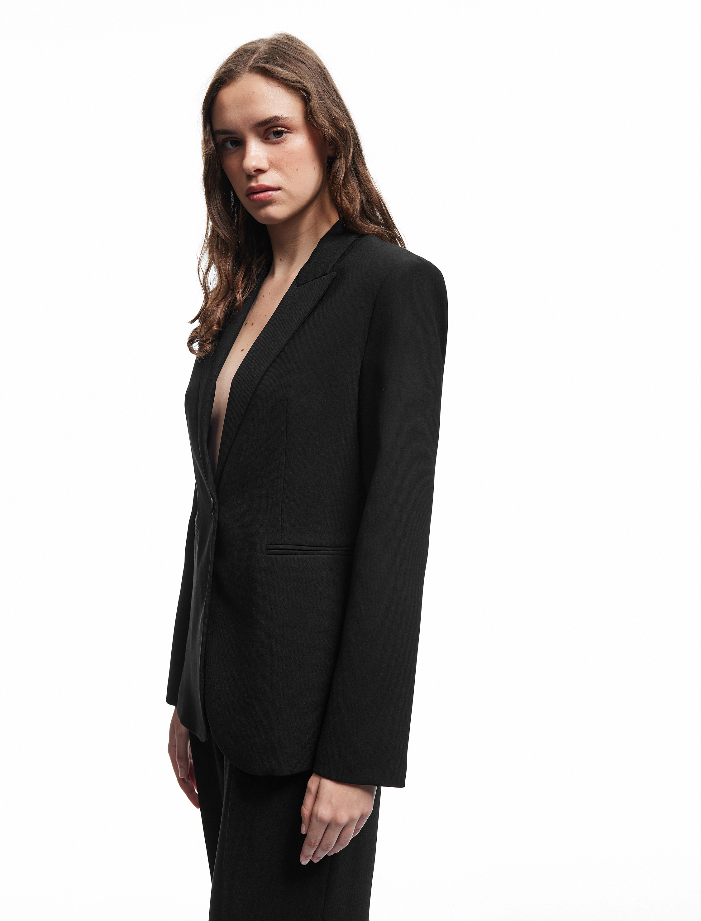   Krep Kumaş Astarlı Düğmeli Uzun Kollu Kruvaze Blazer Ceket