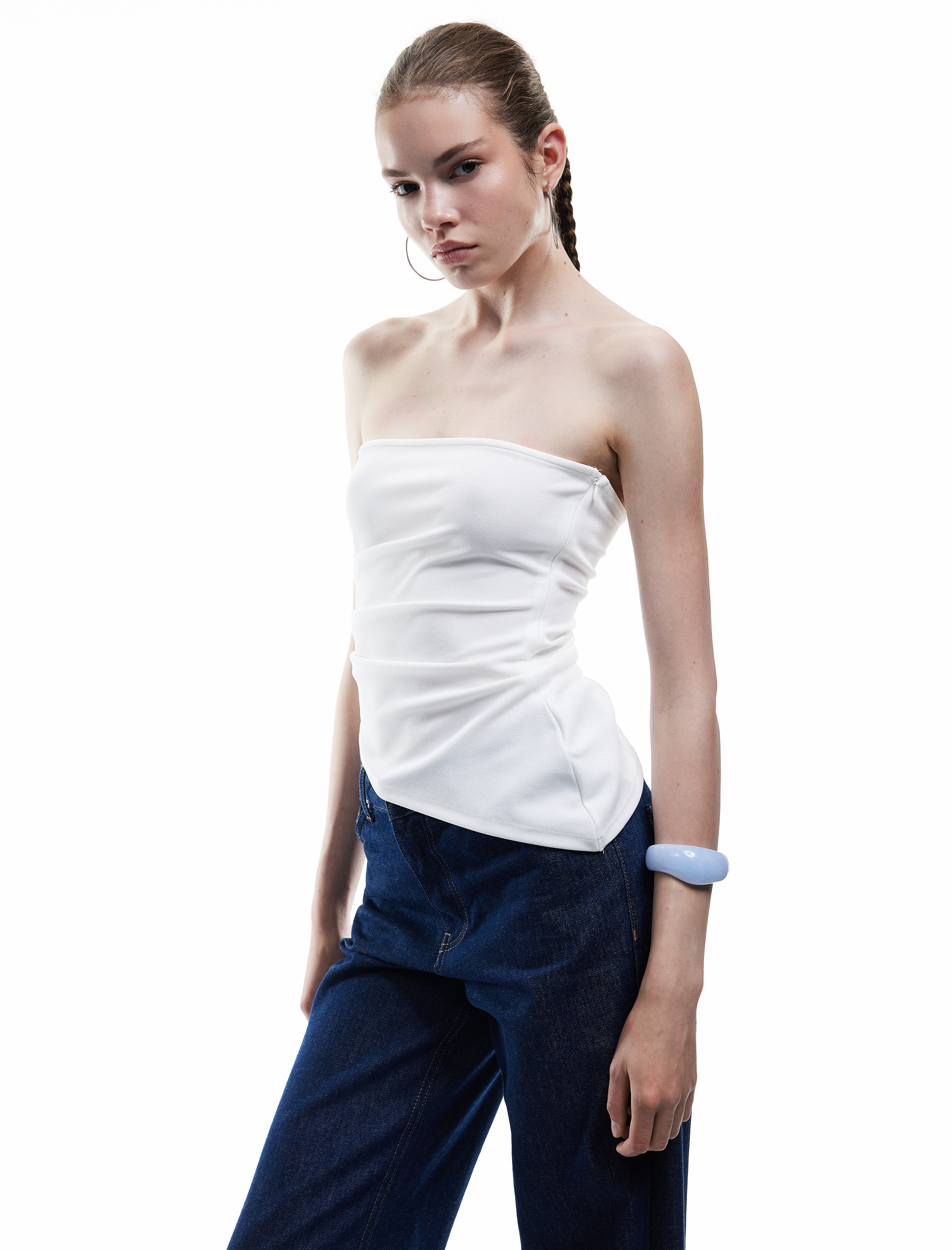   Asimetrik Kesim Scuba Kolsuz Straplez Bluz