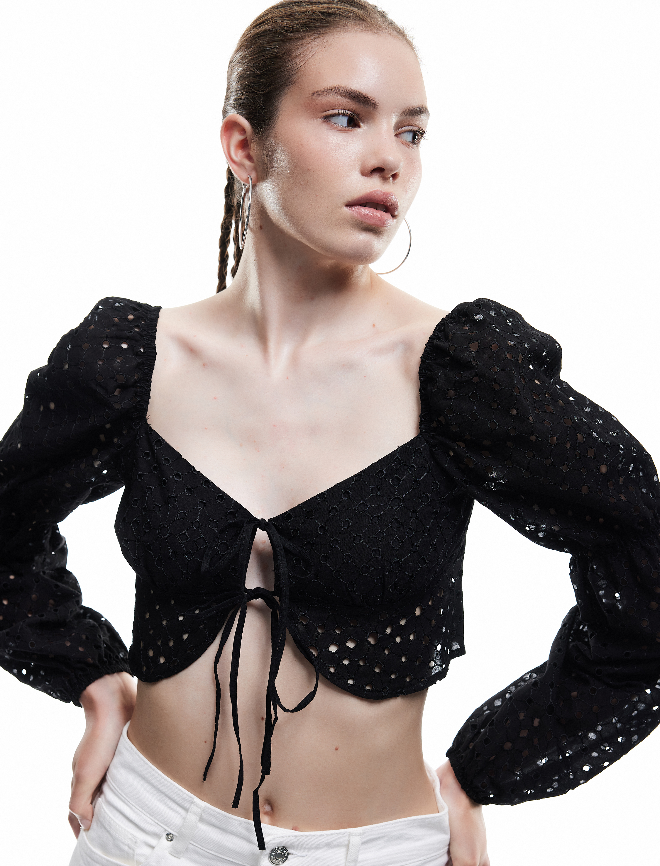   Balon Kol Bağlamalı Yaka Uzun Kollu Fisto Crop Bluz