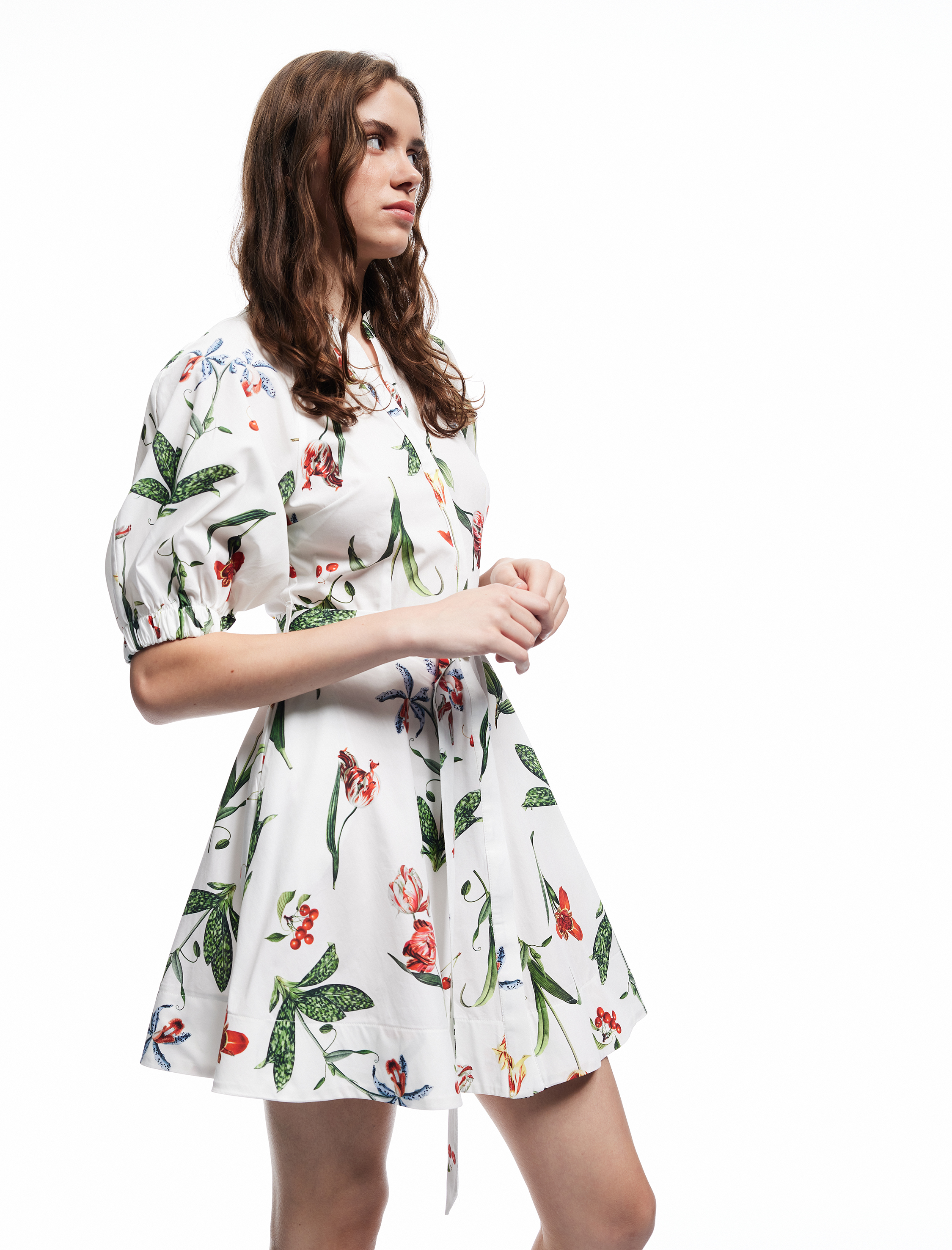   Pamuklu Cepli Kemer Detaylı Kısa Balon Kollu Çiçekli Poplin Mini Elbise