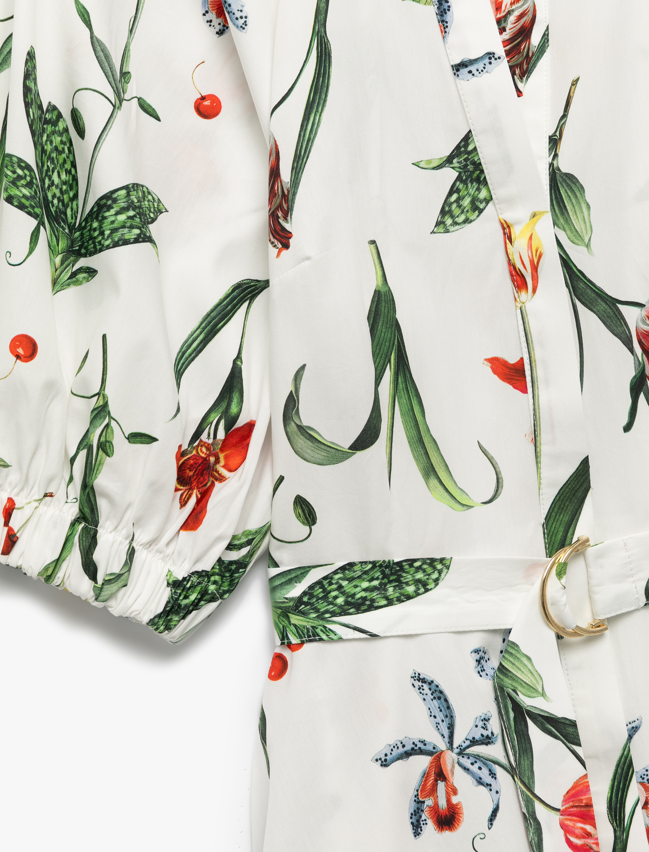   Pamuklu Cepli Kemer Detaylı Kısa Balon Kollu Çiçekli Poplin Mini Elbise