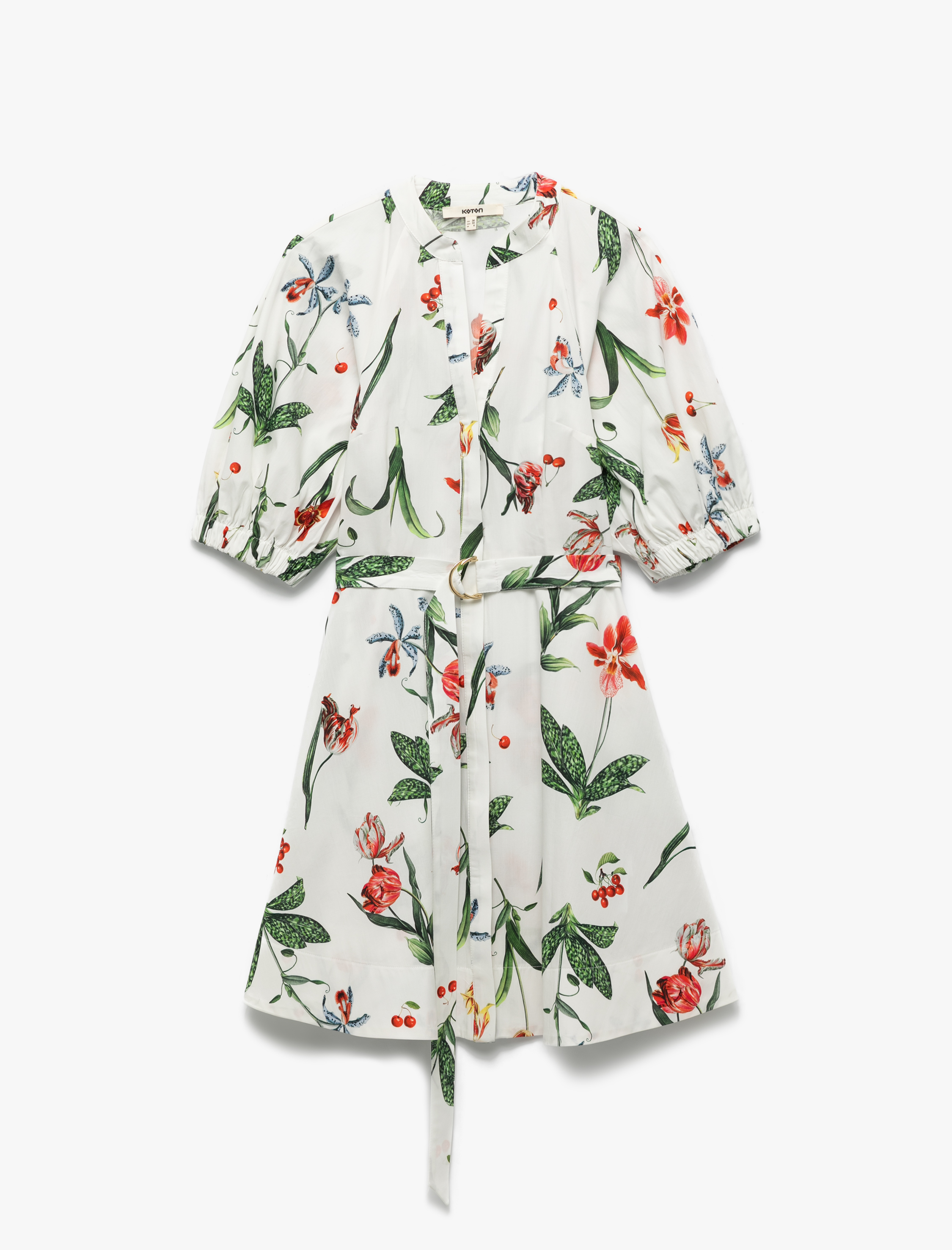   Pamuklu Cepli Kemer Detaylı Kısa Balon Kollu Çiçekli Poplin Mini Elbise