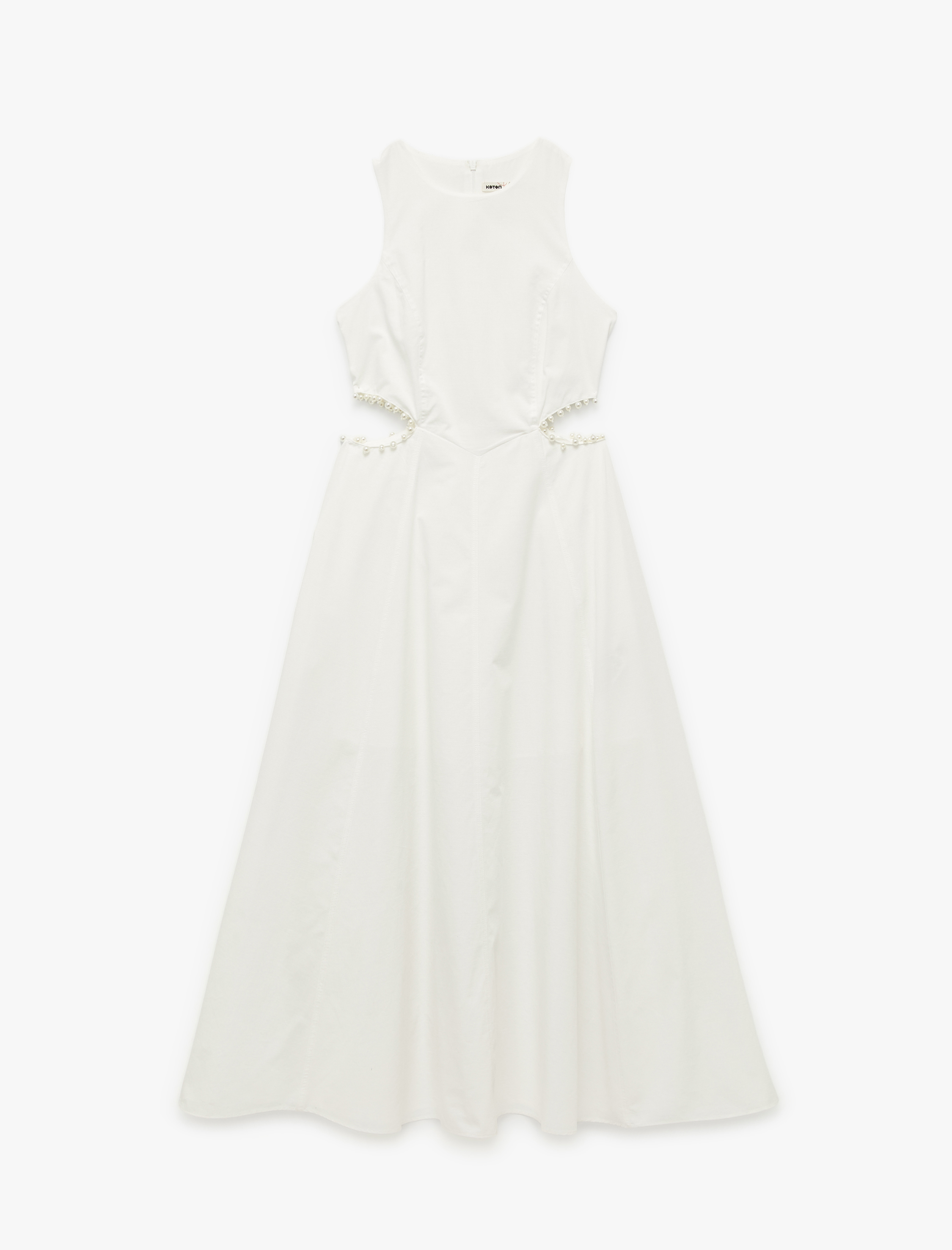   Pamuklu Astarlı Bisiklet Yaka Pencere Detaylı Boncuk İşlemeli Kolsuz Midi Elbise