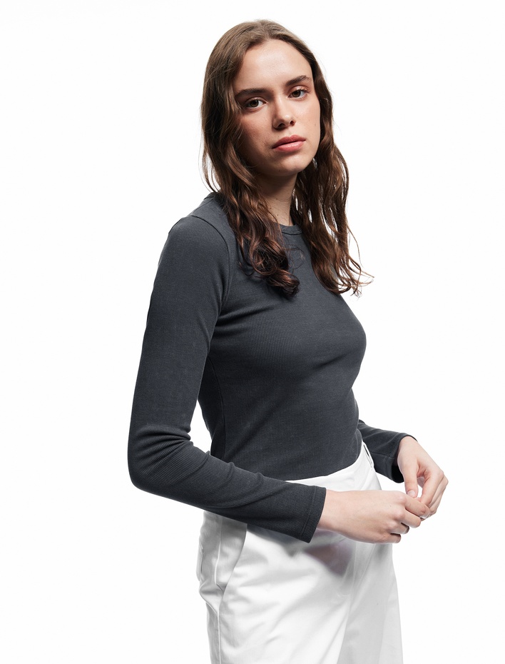  Kaşkorse Pamuklu Slim Fit Uzun Kollu Bisiklet Yaka Tişört