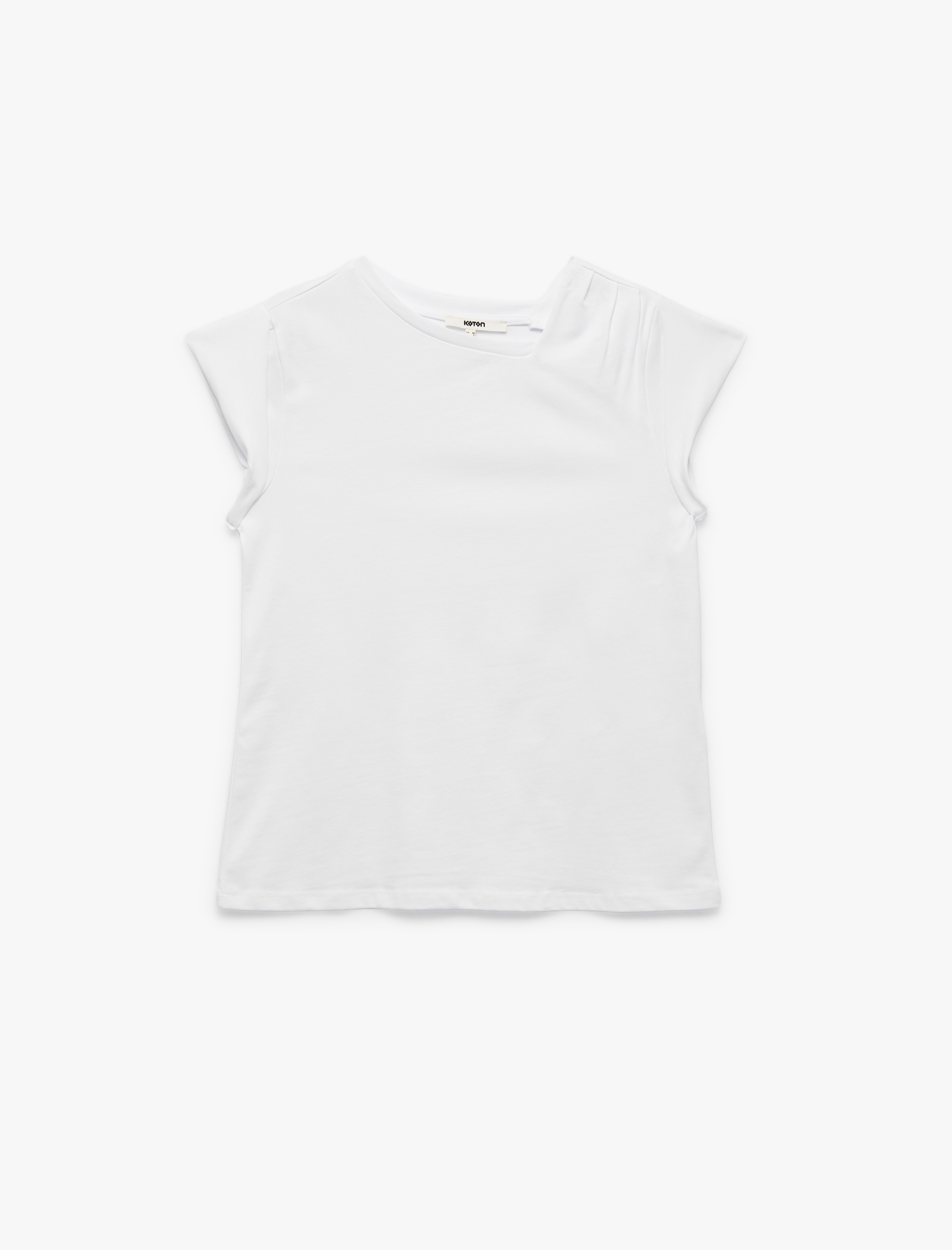   Pamuklu Kısa Kap Kollu Asimetrik Yaka Drape Detaylı Tişört