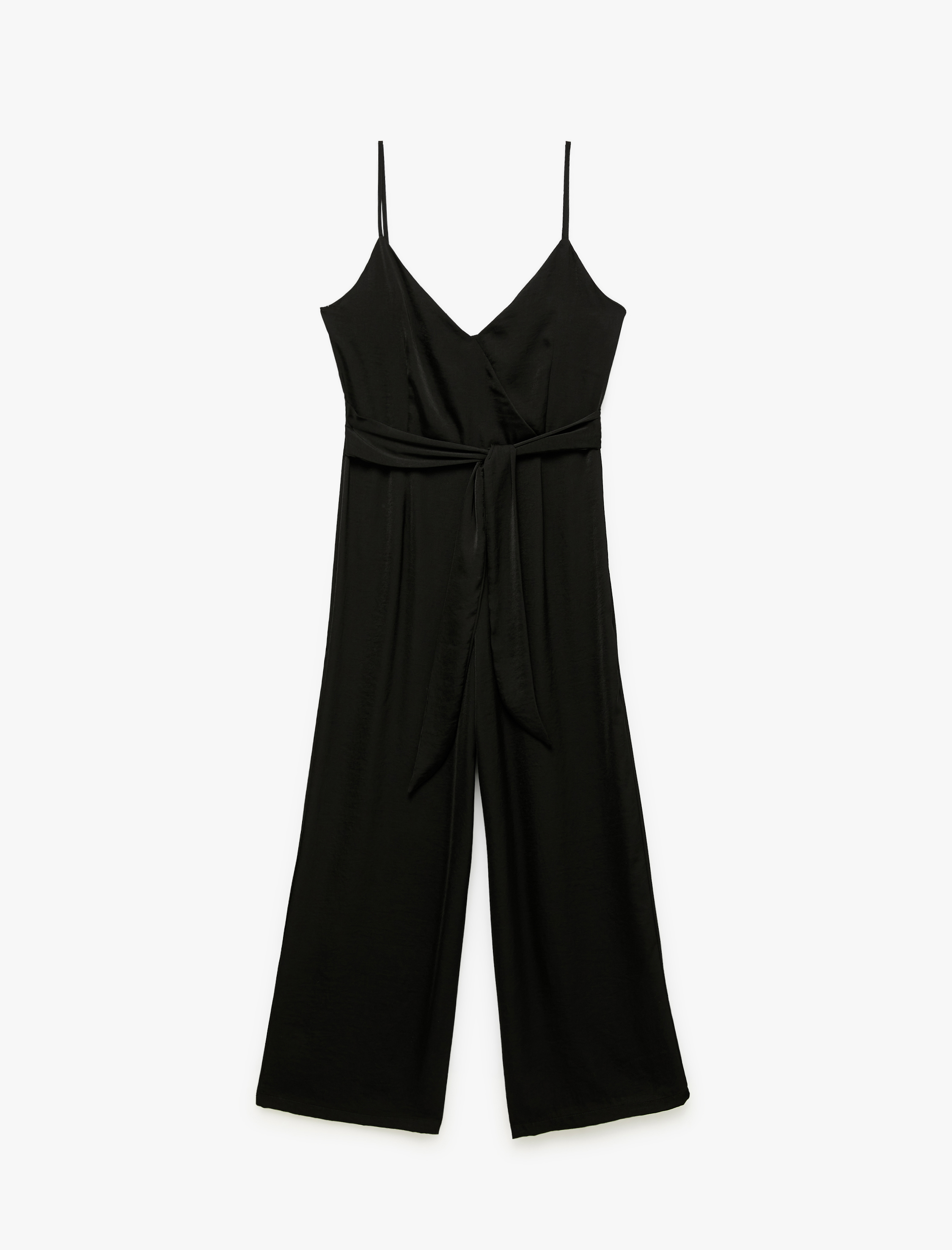   Aerobin Kumaş Kuşak Detaylı Kruvaze Askılı Geniş Paça Uzun Saten Tulum