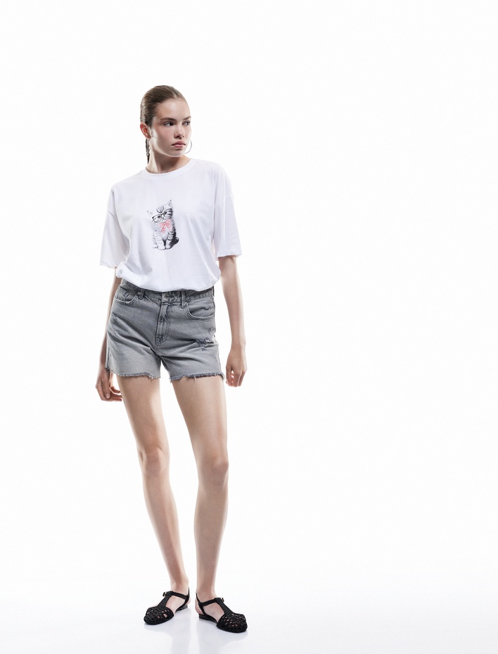  Kısa Kollu Bisiklet Yaka Pamuklu Kedi Baskılı Oversize Tişört
