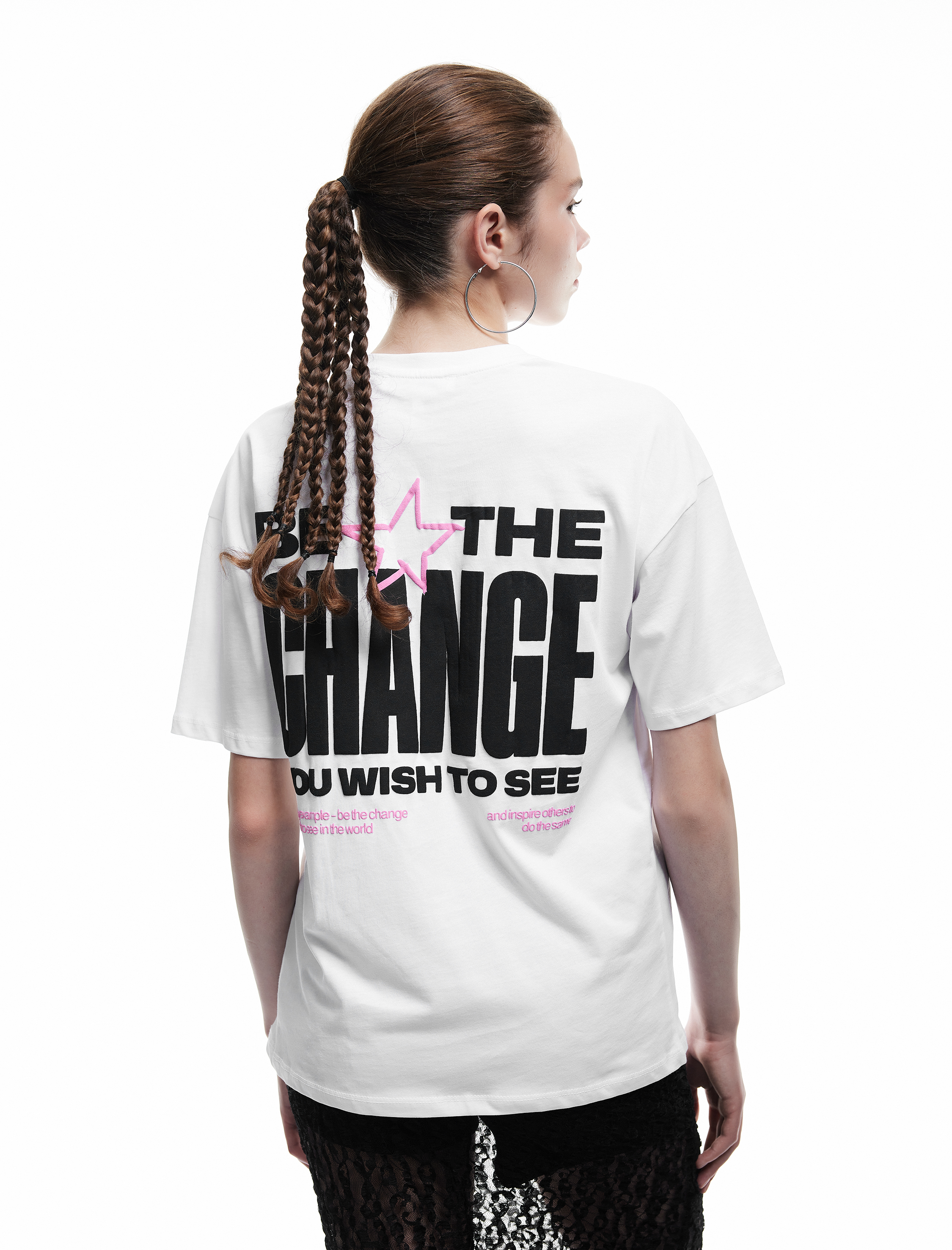   Kısa Kollu Bisiklet Yaka Arkası Baskılı Pamuklu Oversize Tişört