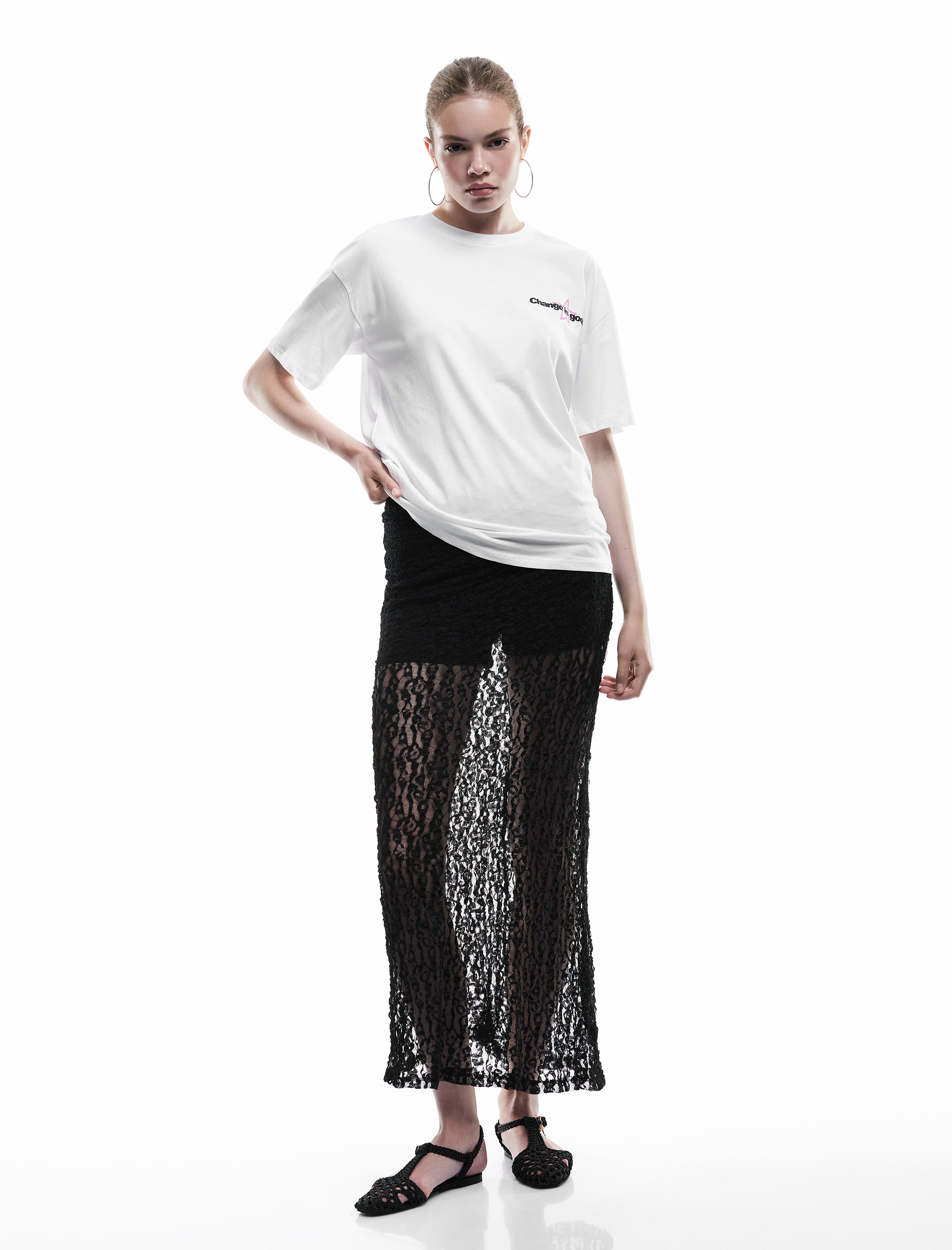   Kısa Kollu Bisiklet Yaka Arkası Baskılı Pamuklu Oversize Tişört