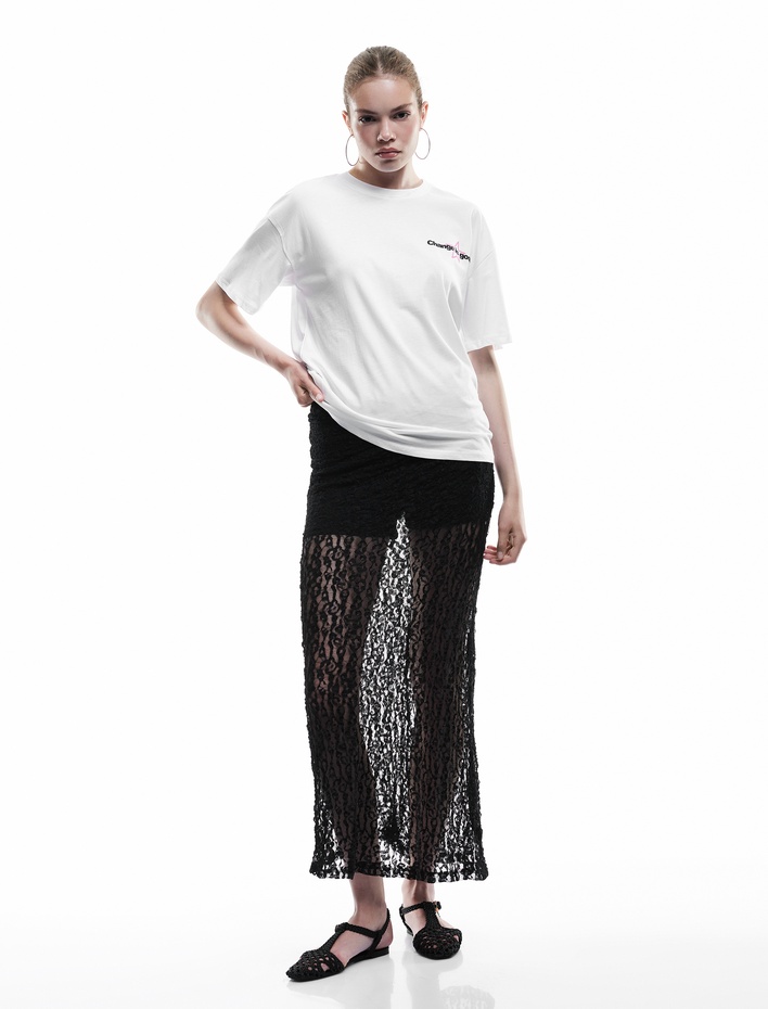  Kısa Kollu Bisiklet Yaka Arkası Baskılı Pamuklu Oversize Tişört