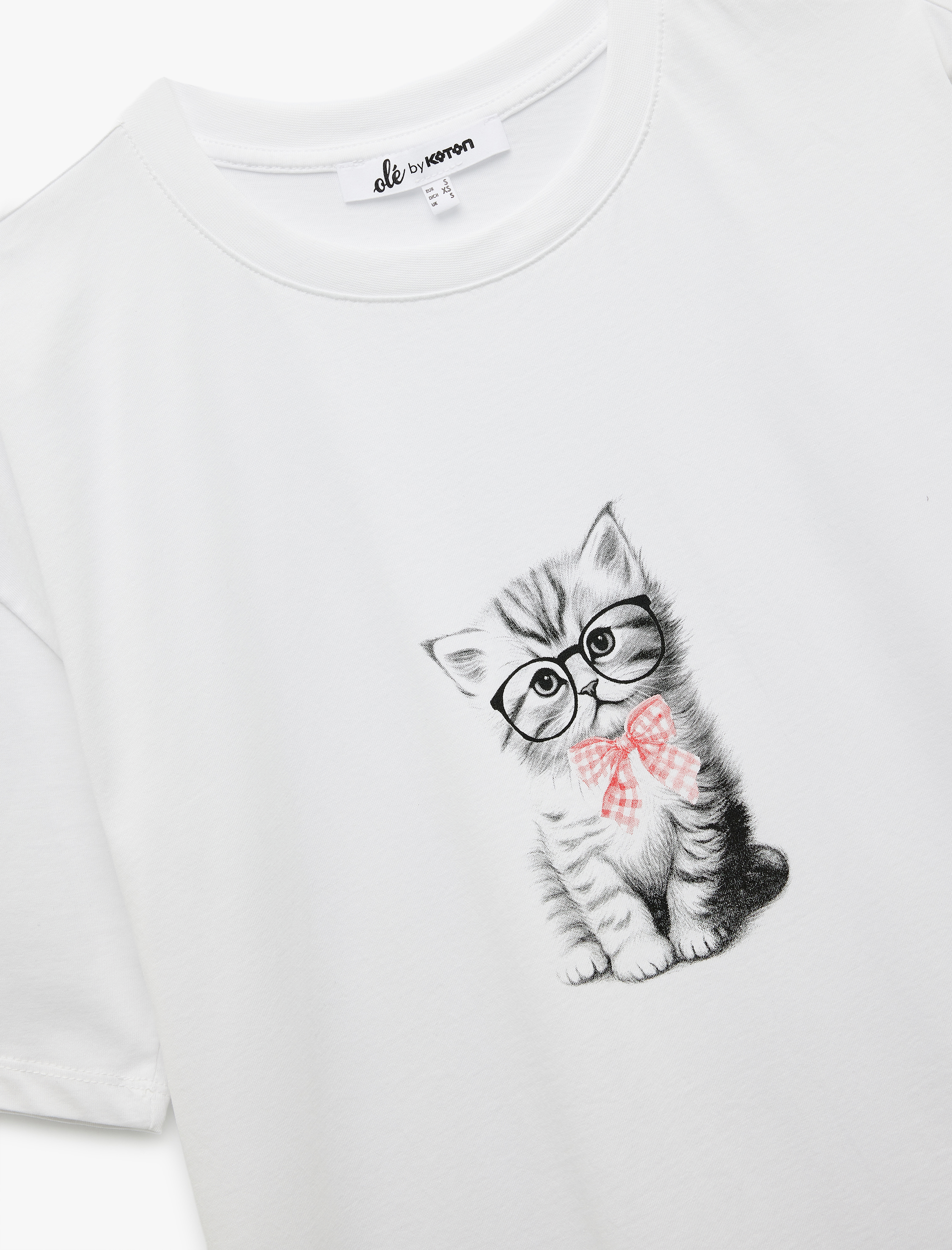   Kısa Kollu Bisiklet Yaka Pamuklu Kedi Baskılı Oversize Tişört