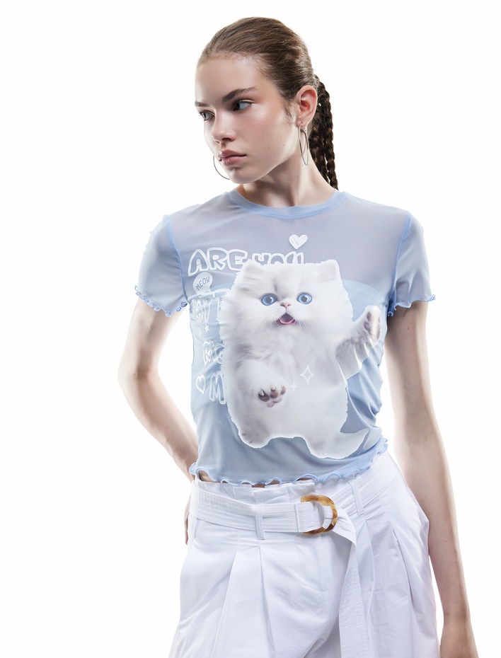  Kısa Kollu Bisiklet Yaka Slim Fit Kedi Baskılı Crop Tişört